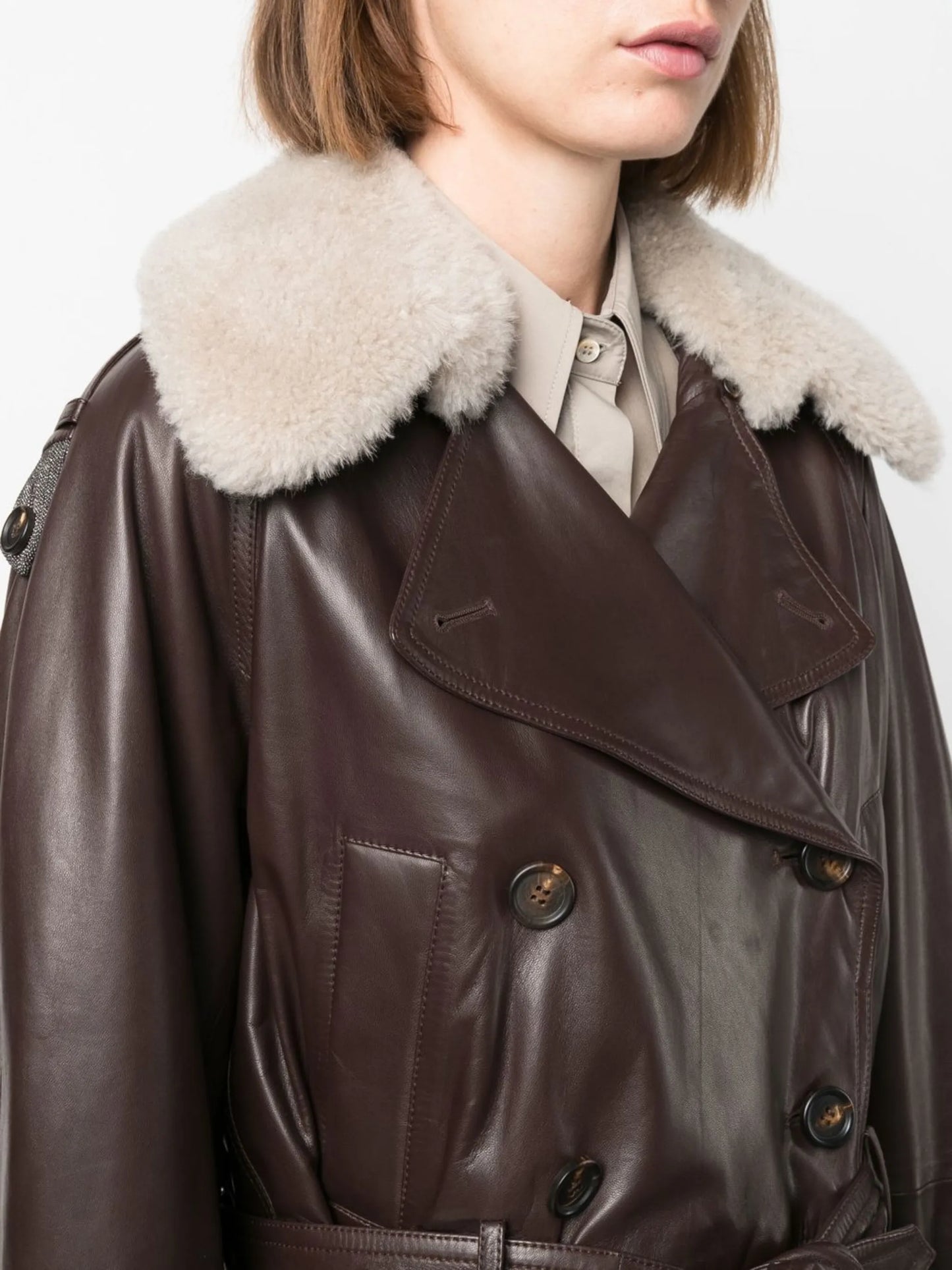 double-breasted belted leather jacket