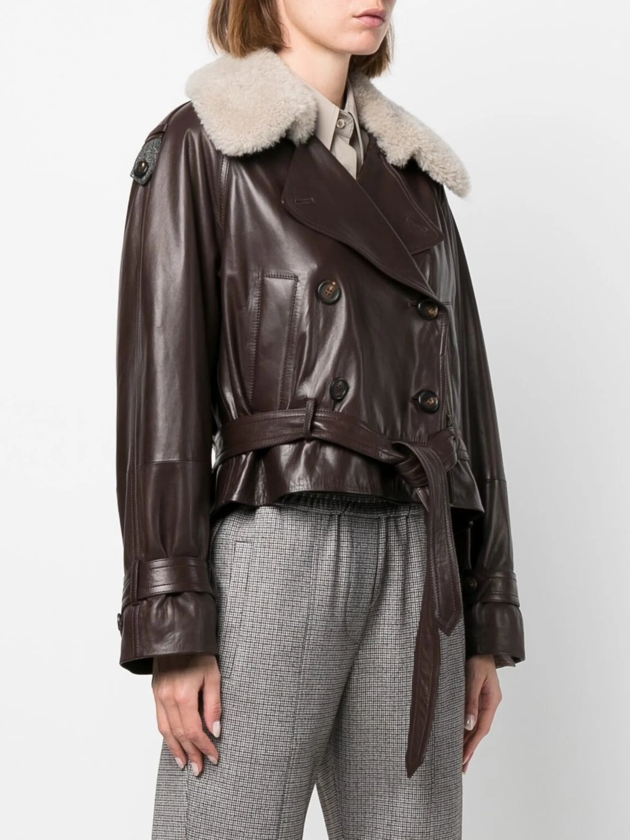 double-breasted belted leather jacket