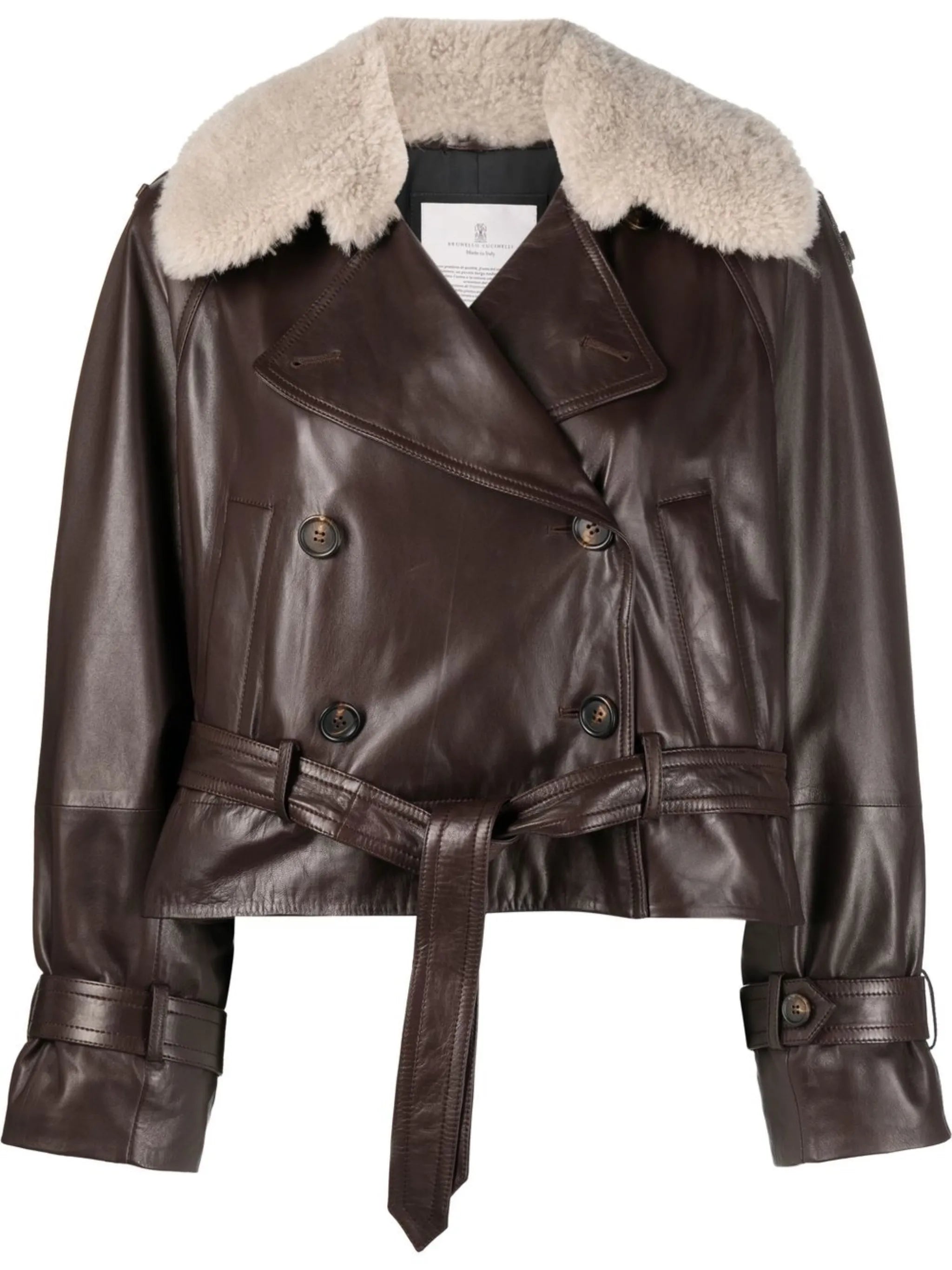 double-breasted belted leather jacket