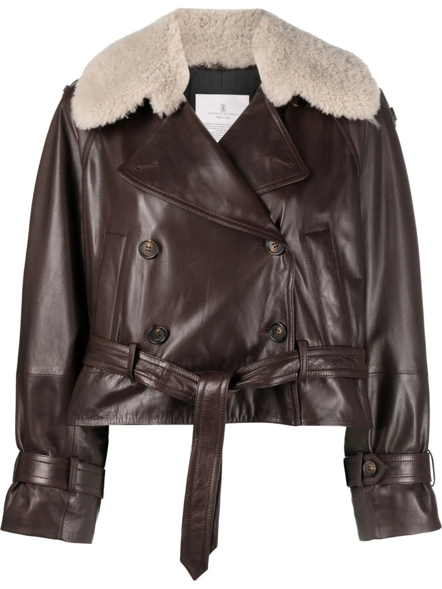 double-breasted belted leather jacket