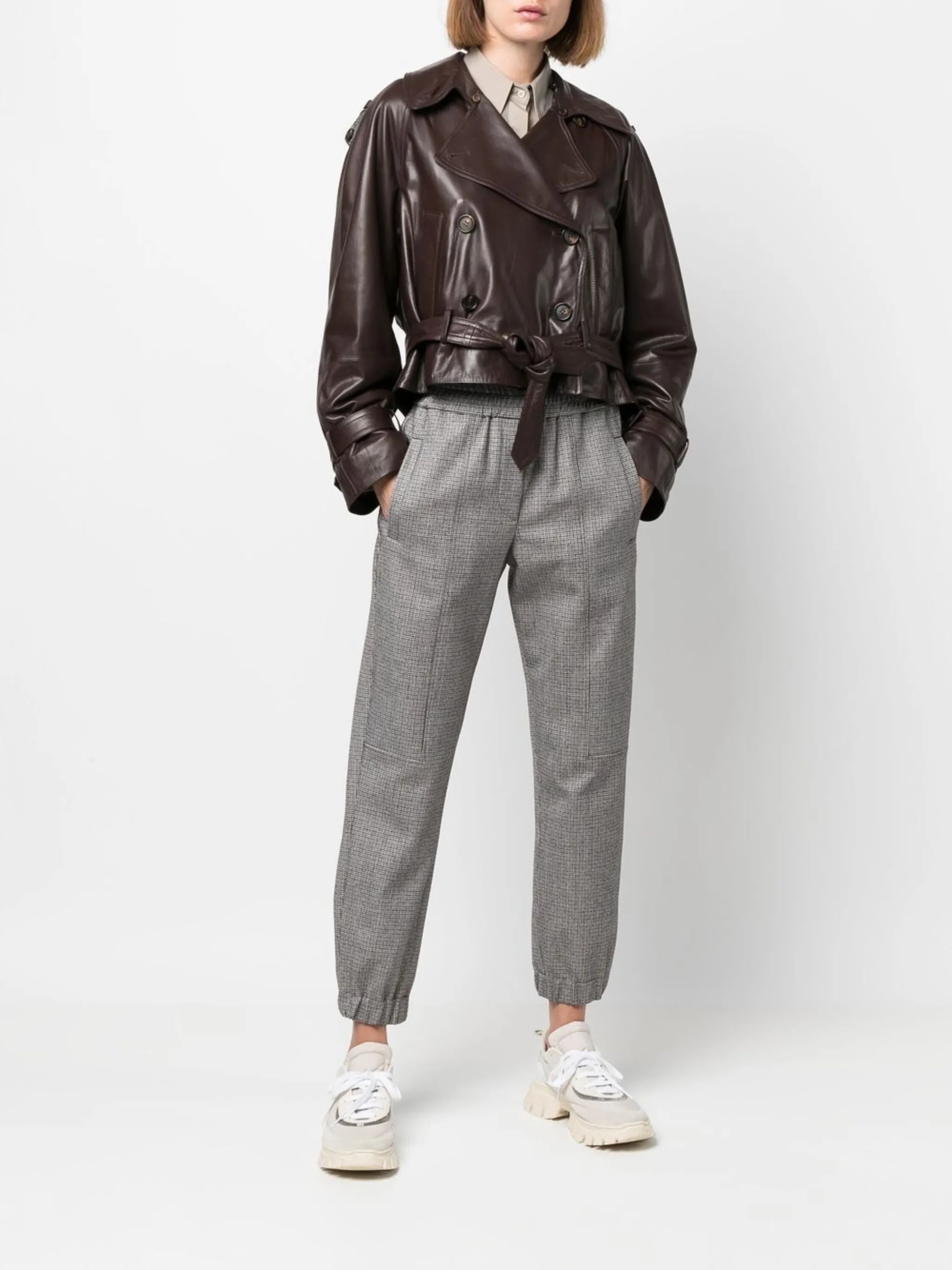 double-breasted belted leather jacket