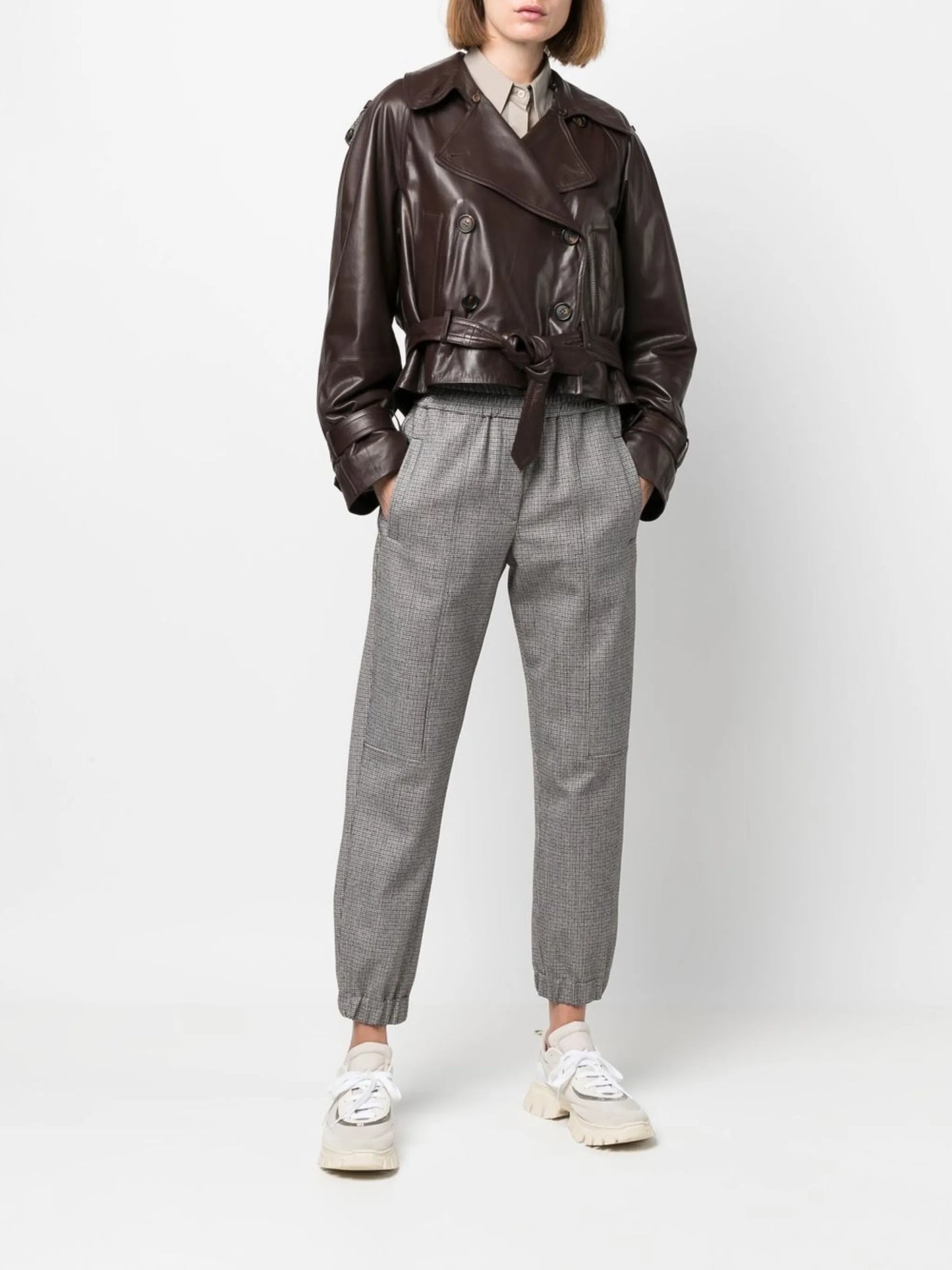 double-breasted belted leather jacket
