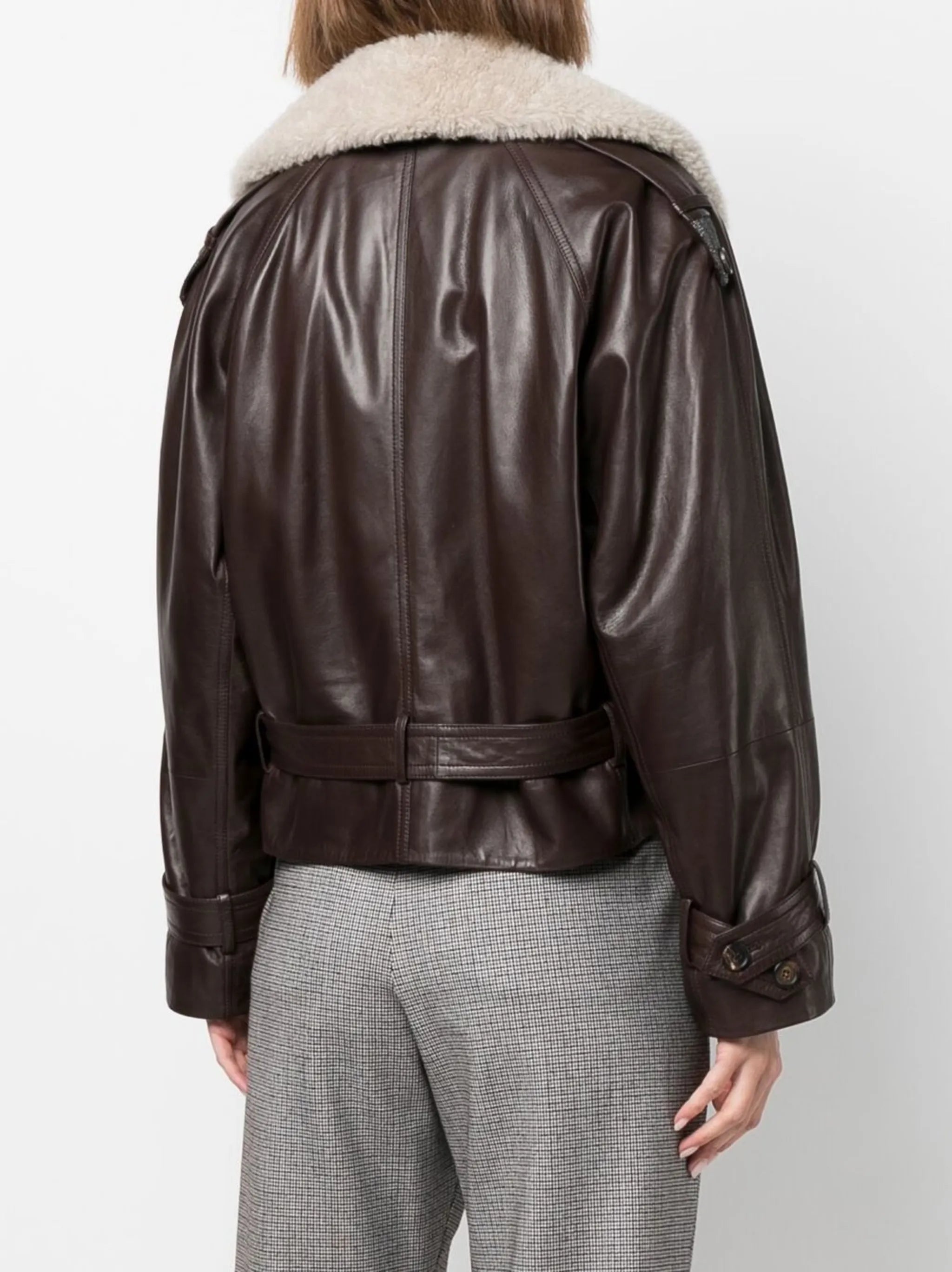 double-breasted belted leather jacket