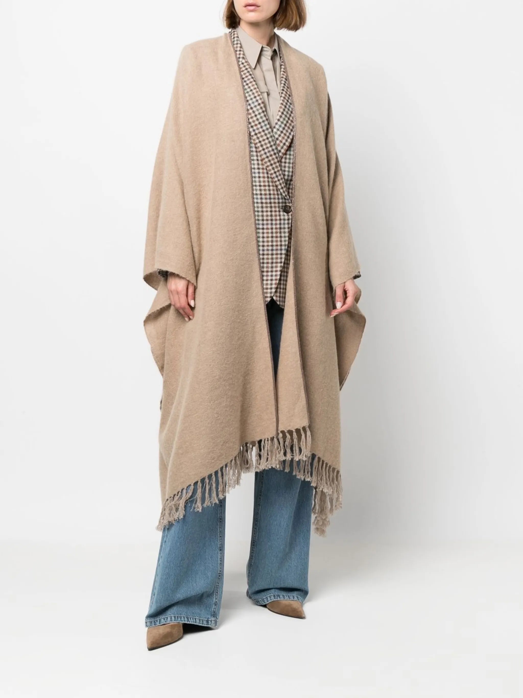 Monili-trim fringed poncho