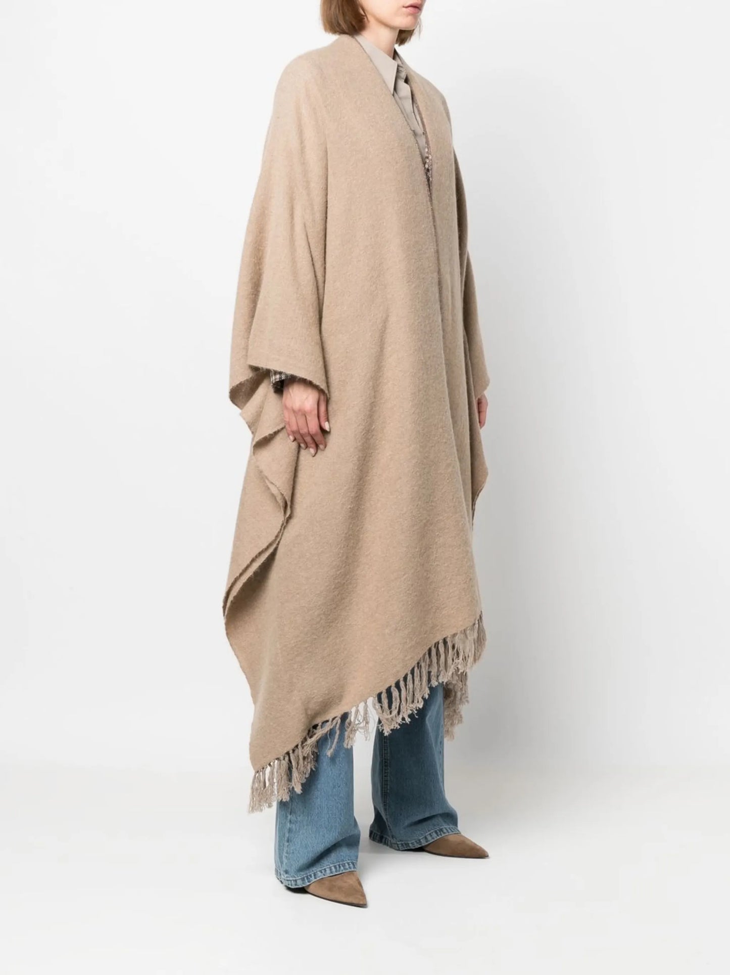 Monili-trim fringed poncho