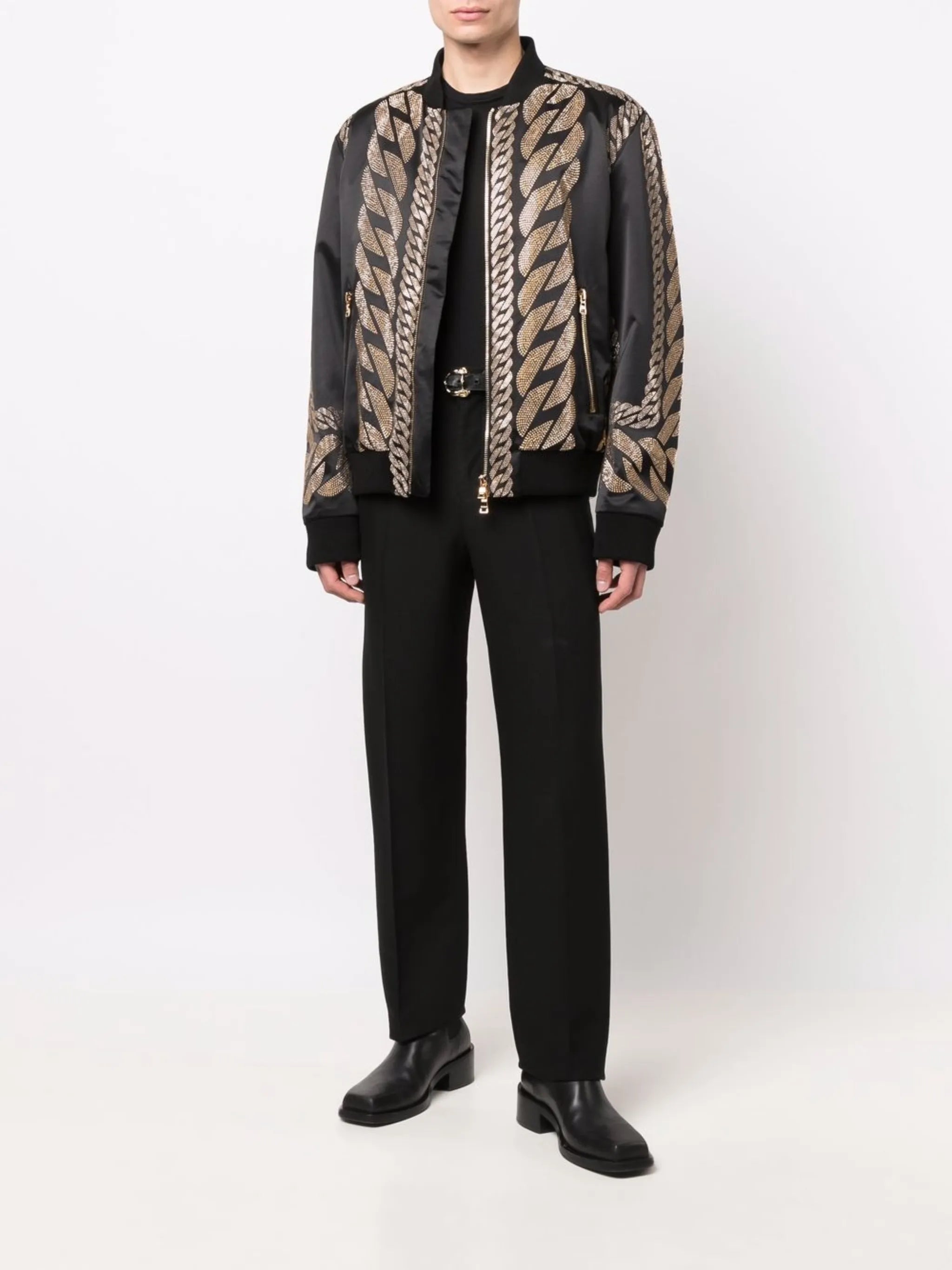 studded-chain satin bomber jacket