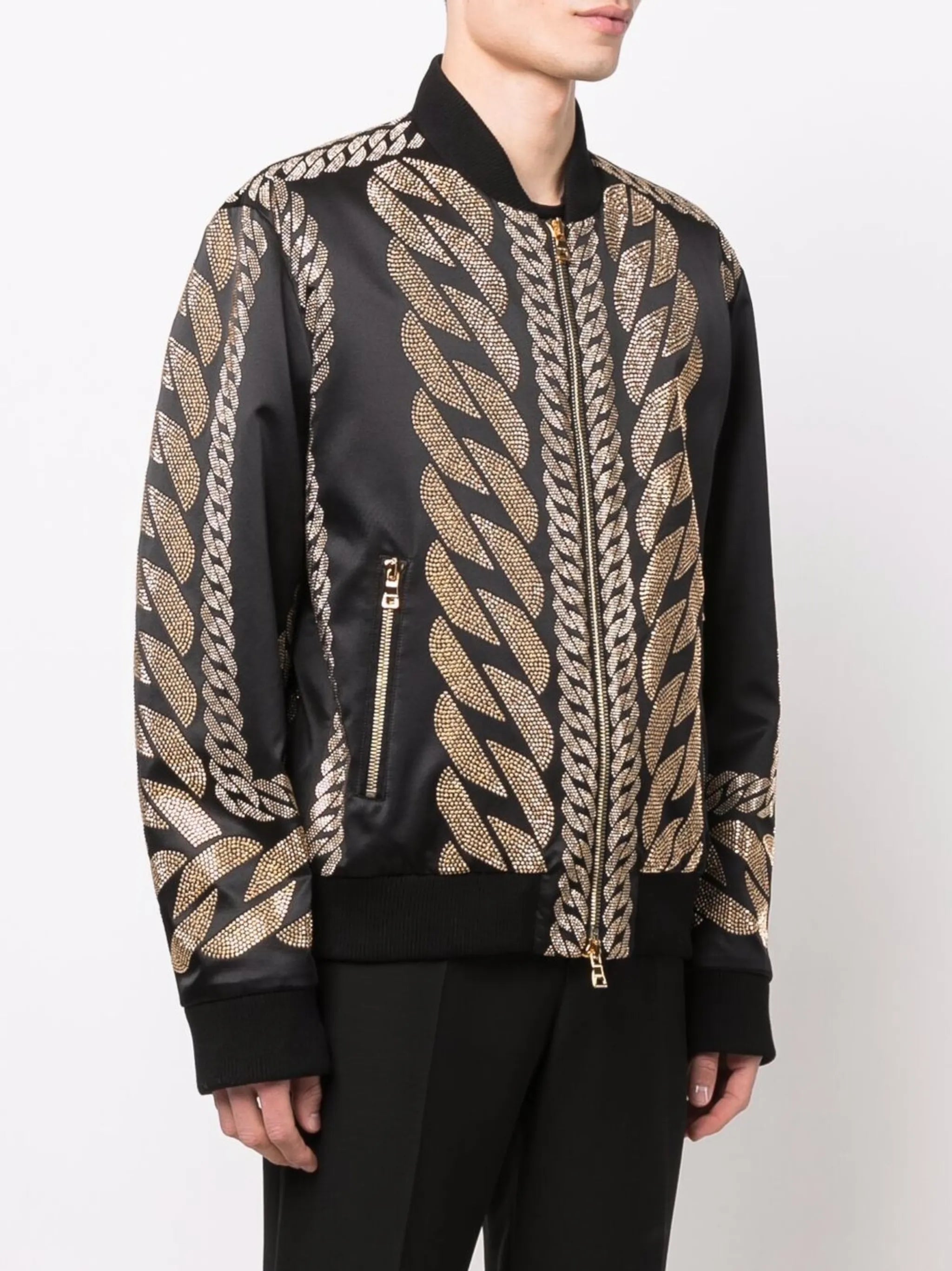 studded-chain satin bomber jacket