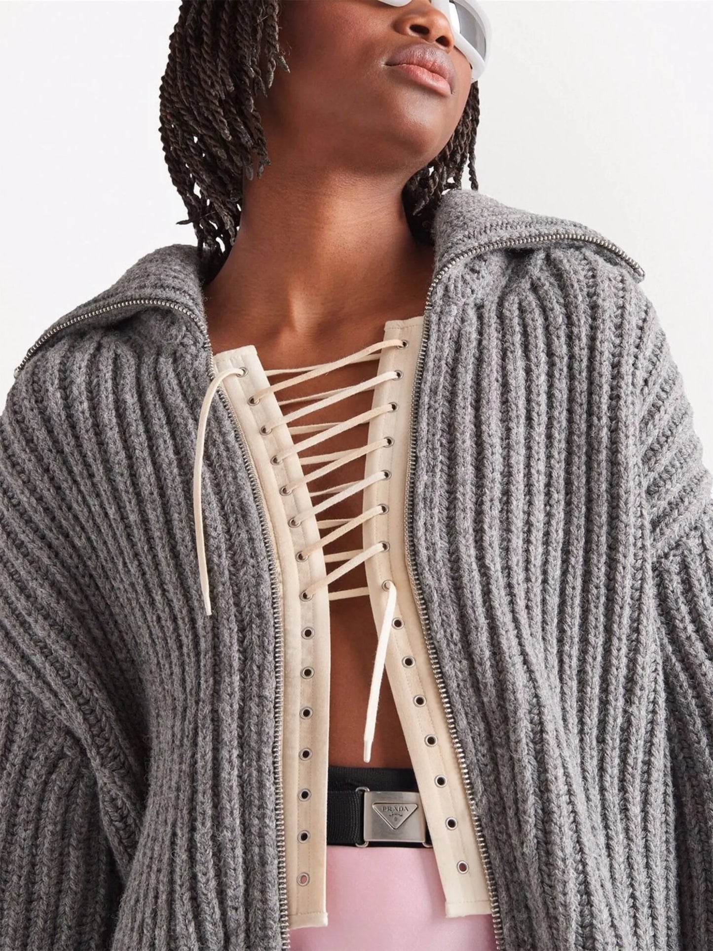 ribbed-knit lace-up cardi-coat