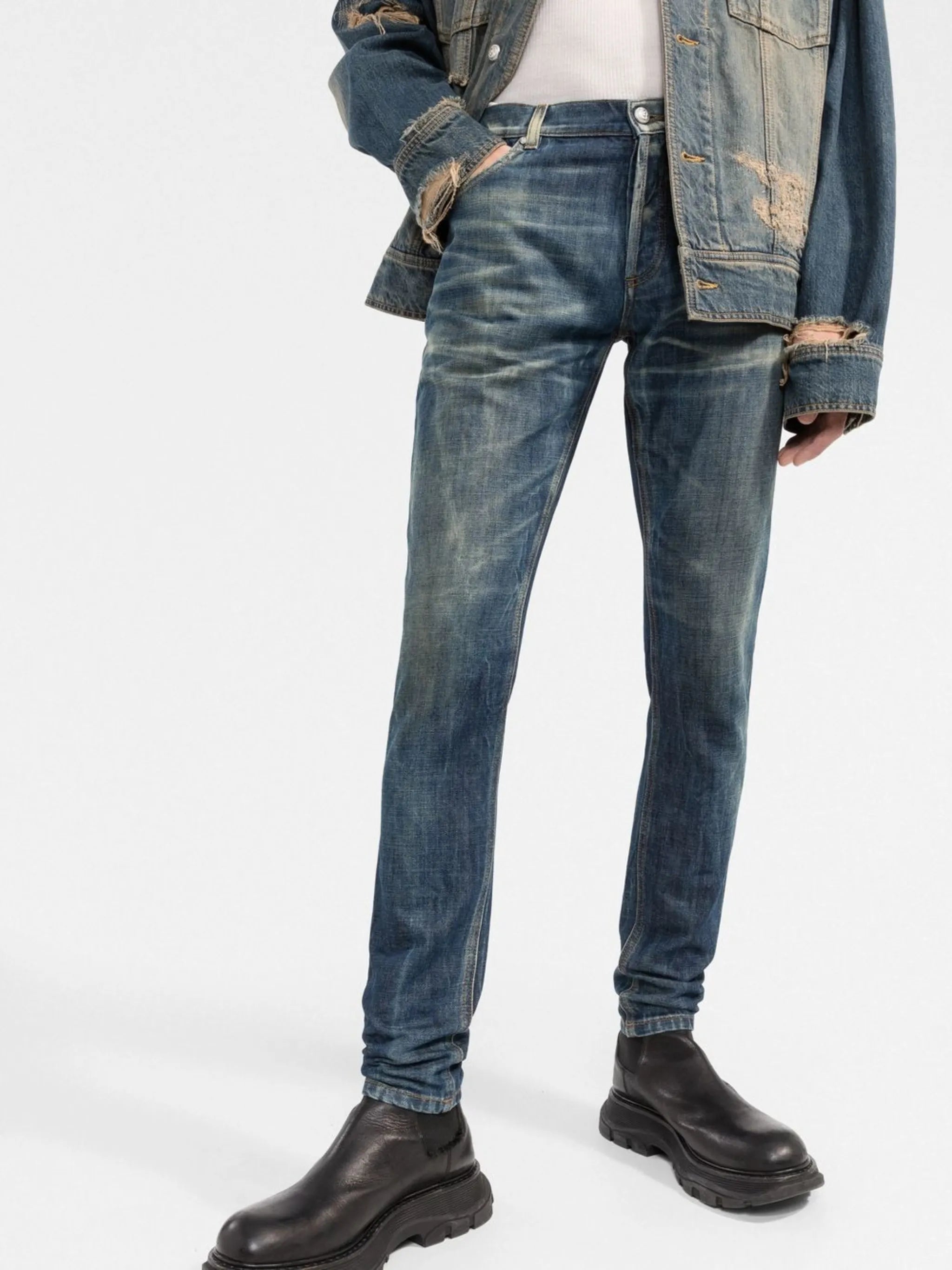 whiskering-effect slim denim jeans