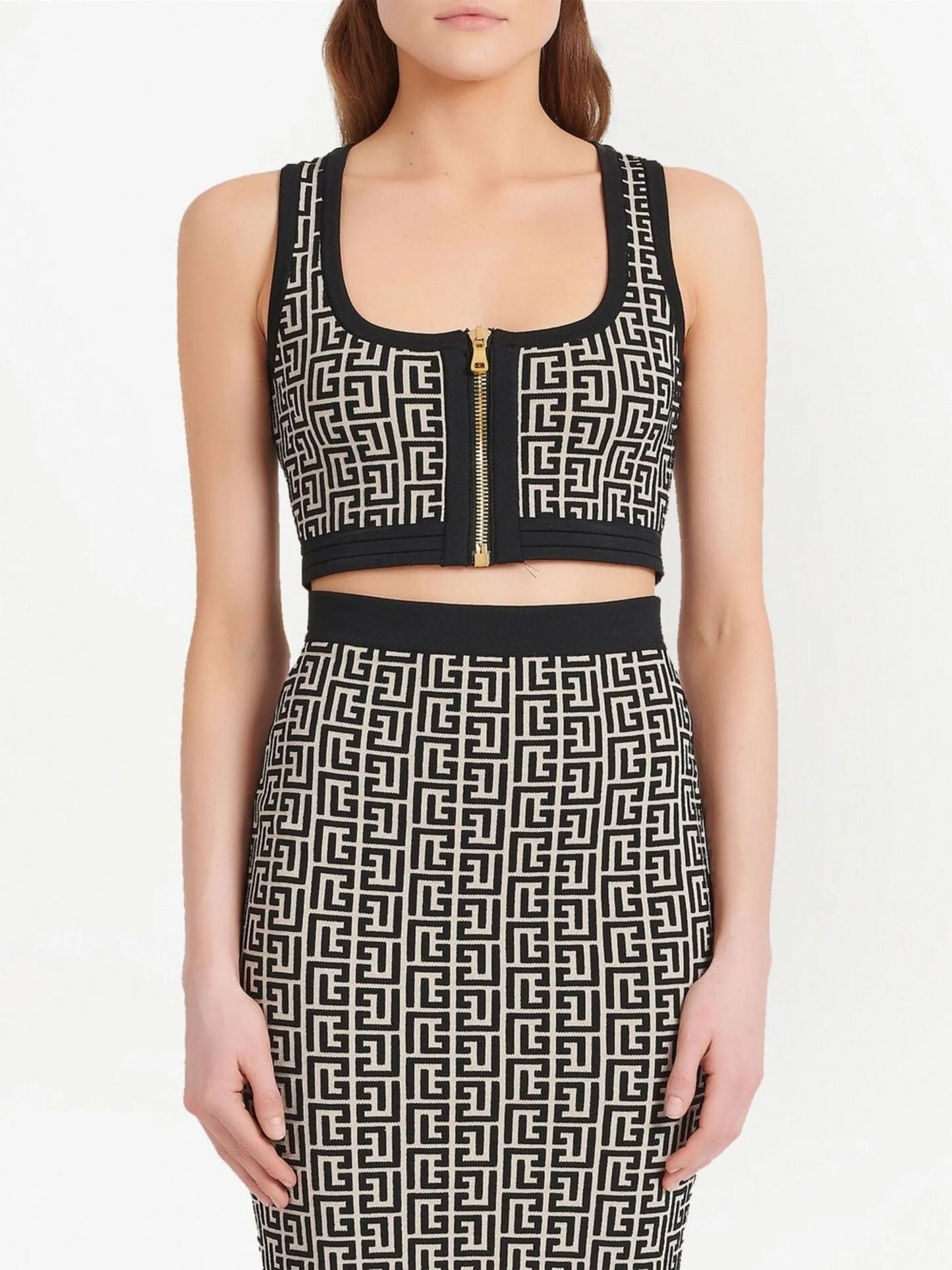 monogram-pattern cropped top