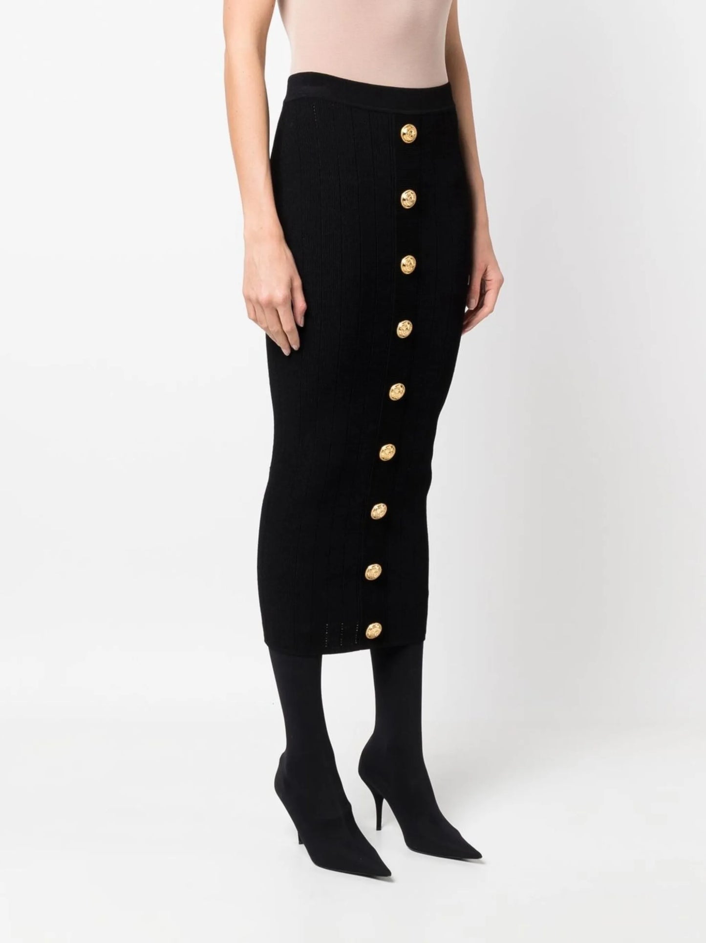 button-embossed pencil skirt