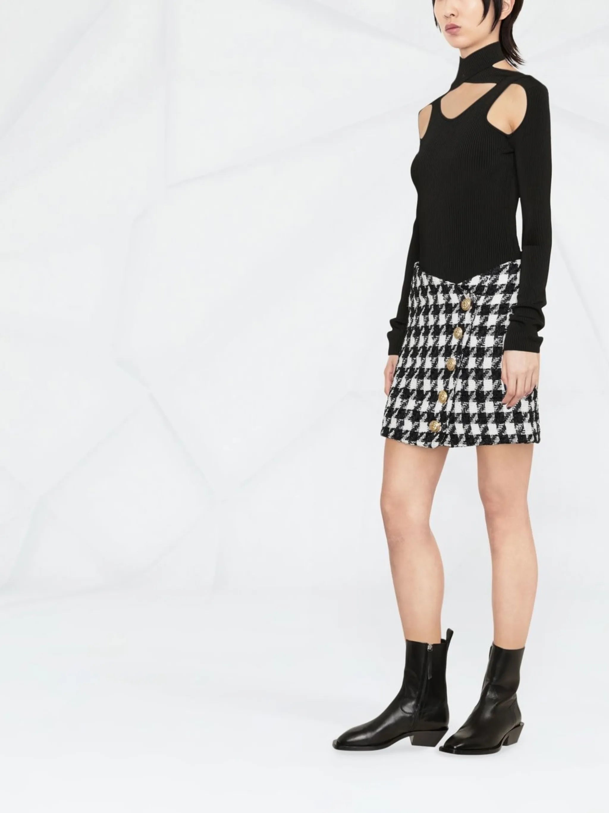 houndstooth-pattern buttoned skirt