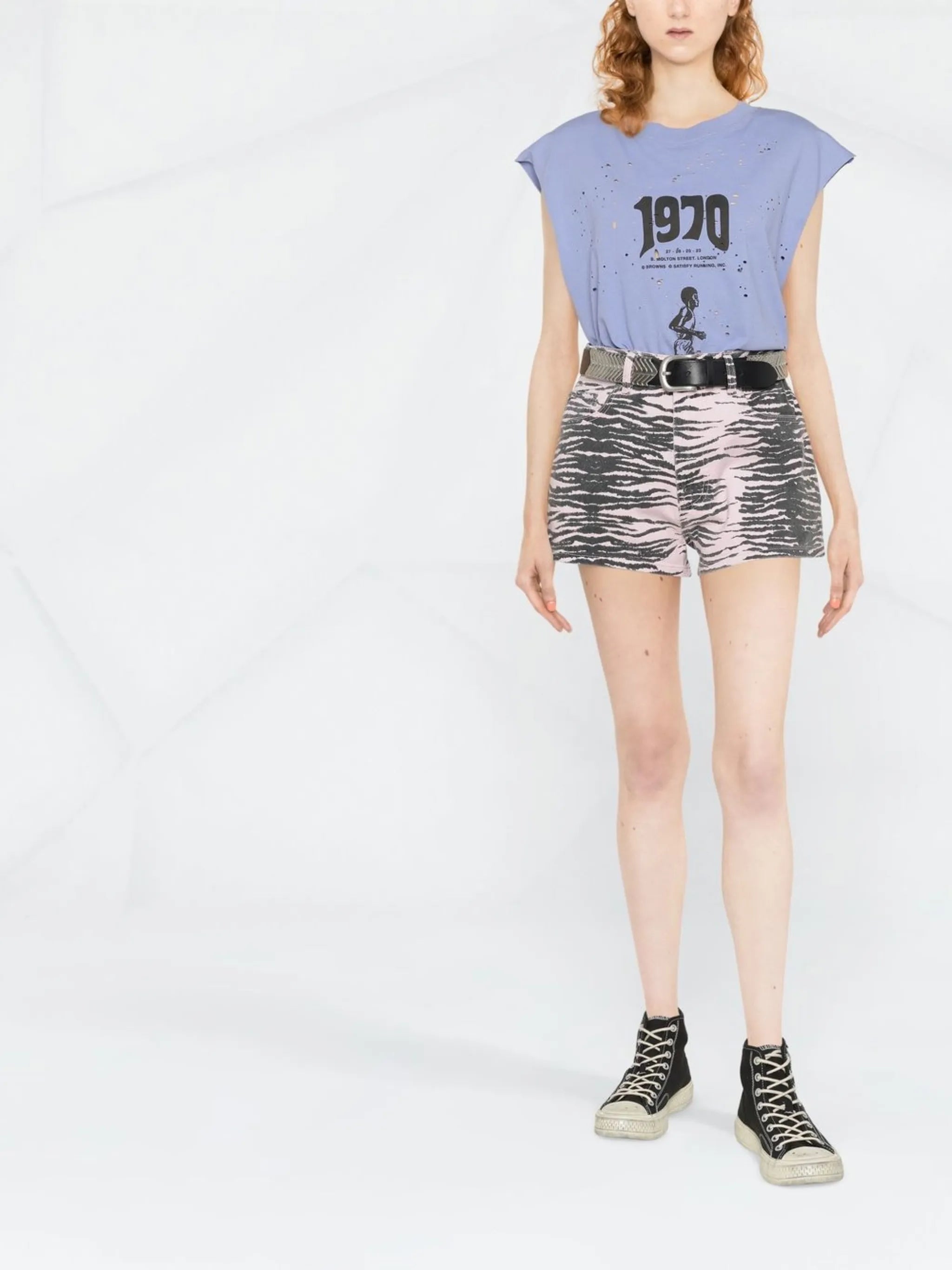 tiger-stripe denim shorts