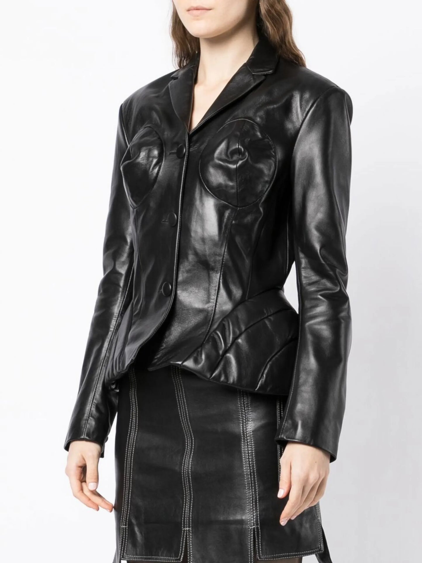 padded cone-bust leather jacket