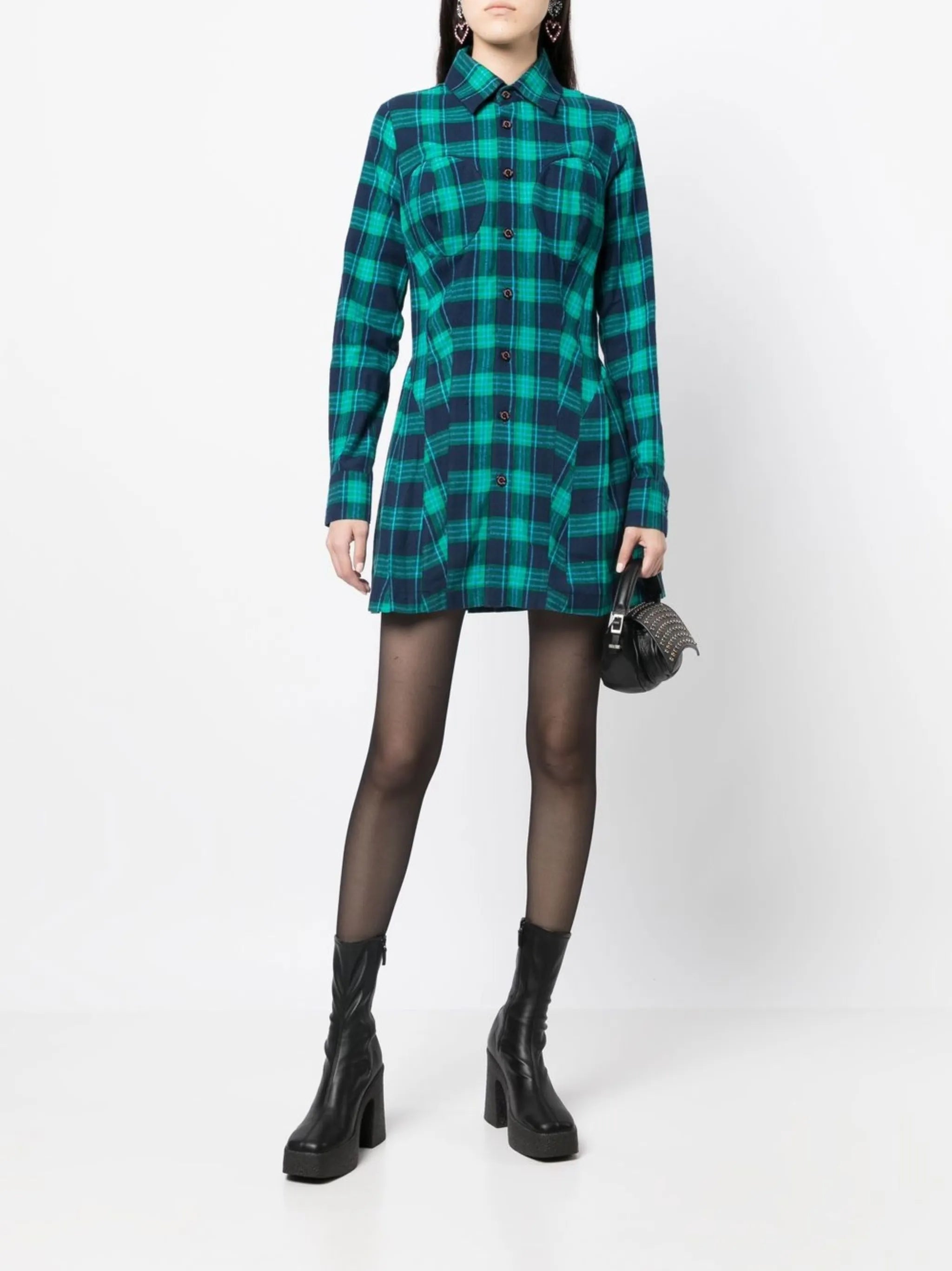 check-print fitted shirt dress