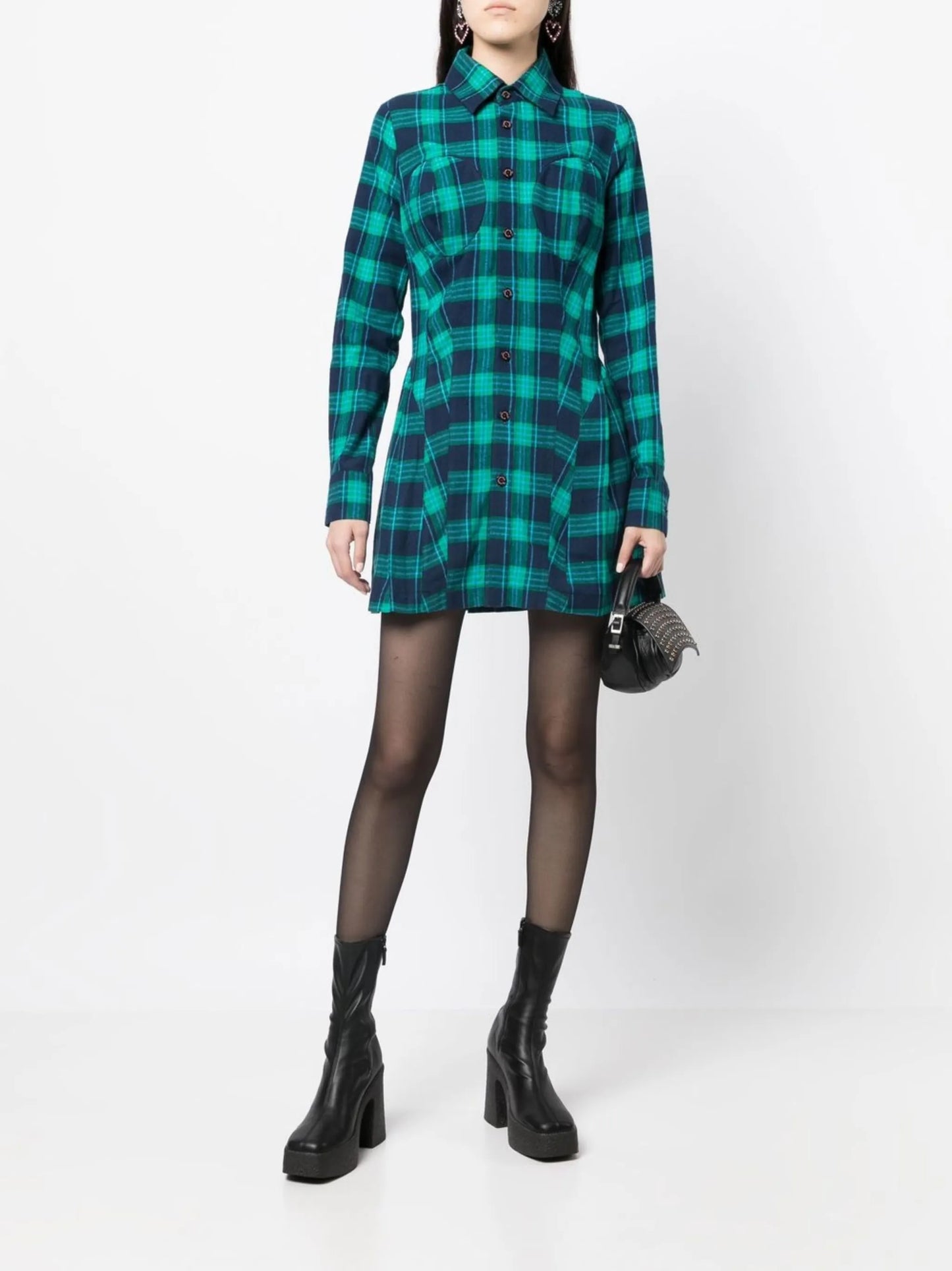 check-print fitted shirt dress