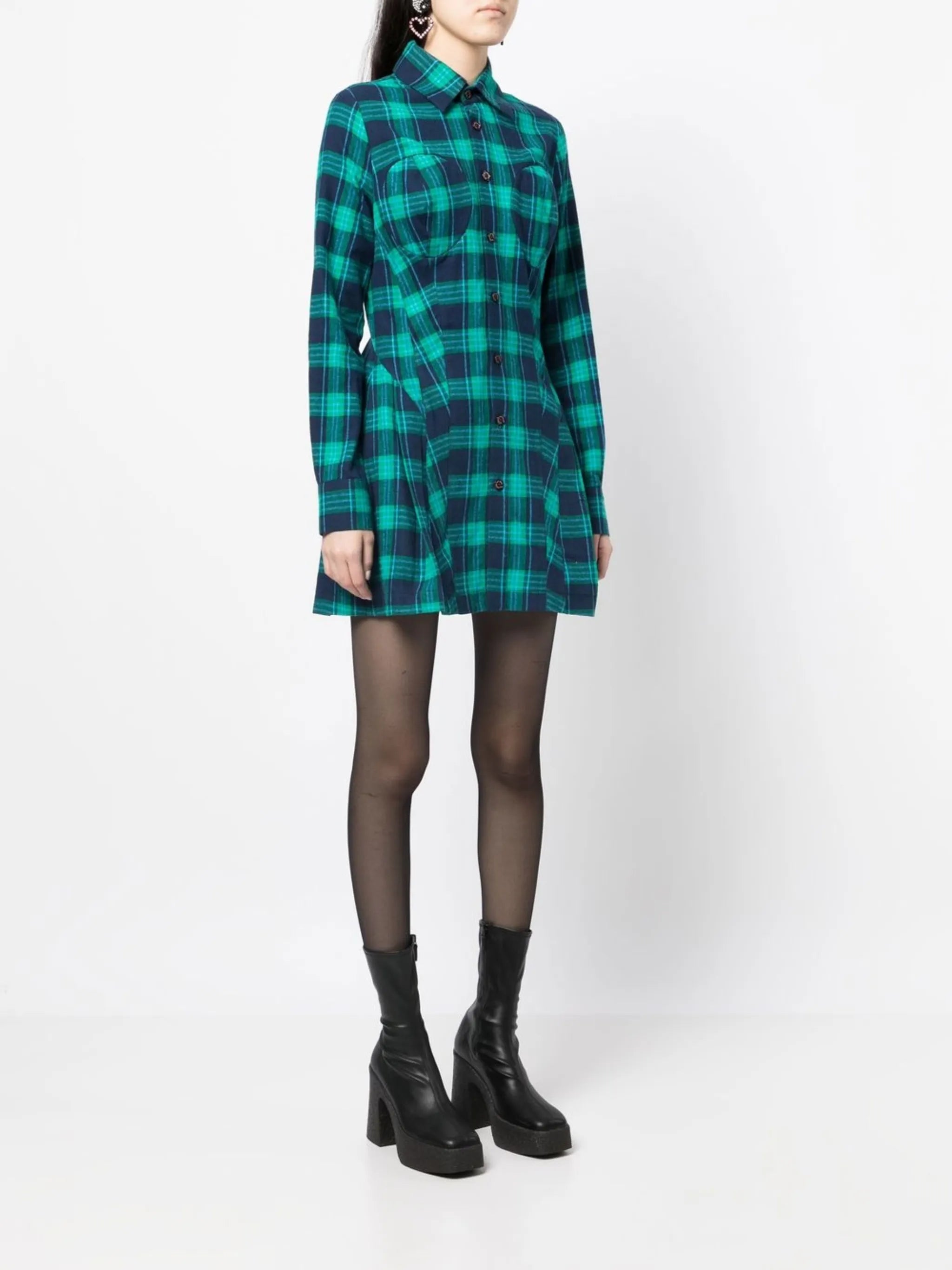 check-print fitted shirt dress
