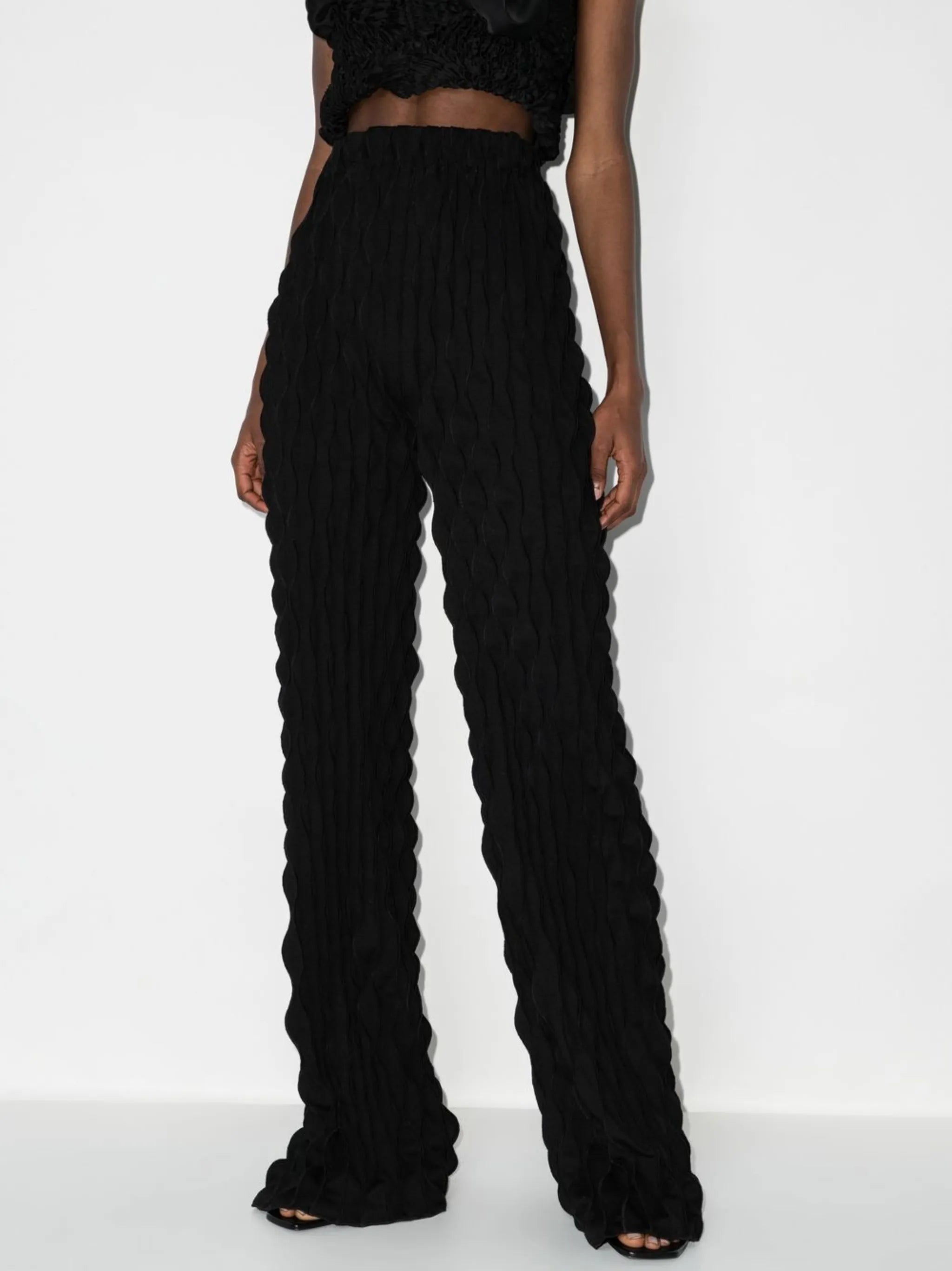 high-waisted textured-finish trousers