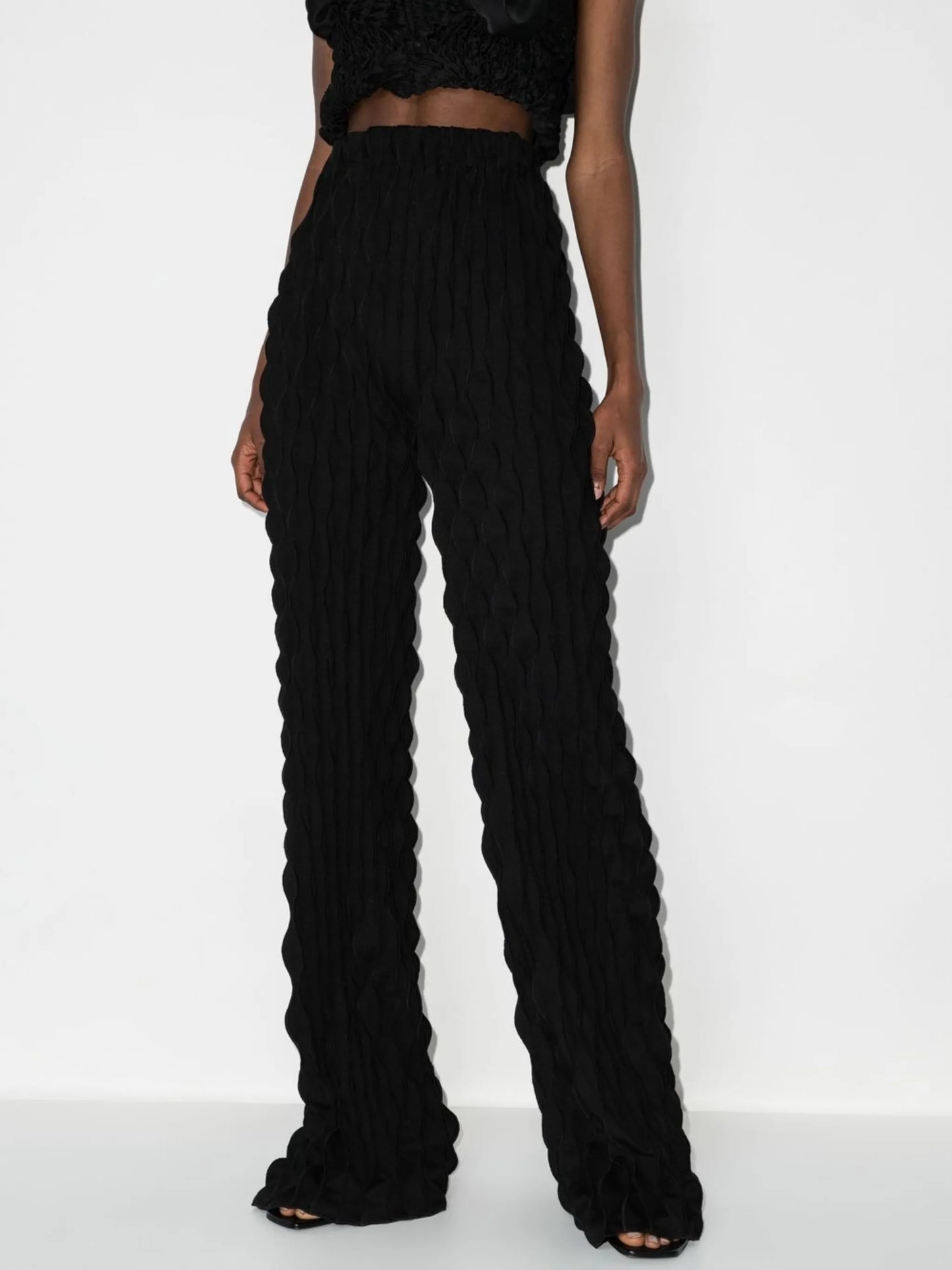 high-waisted textured-finish trousers