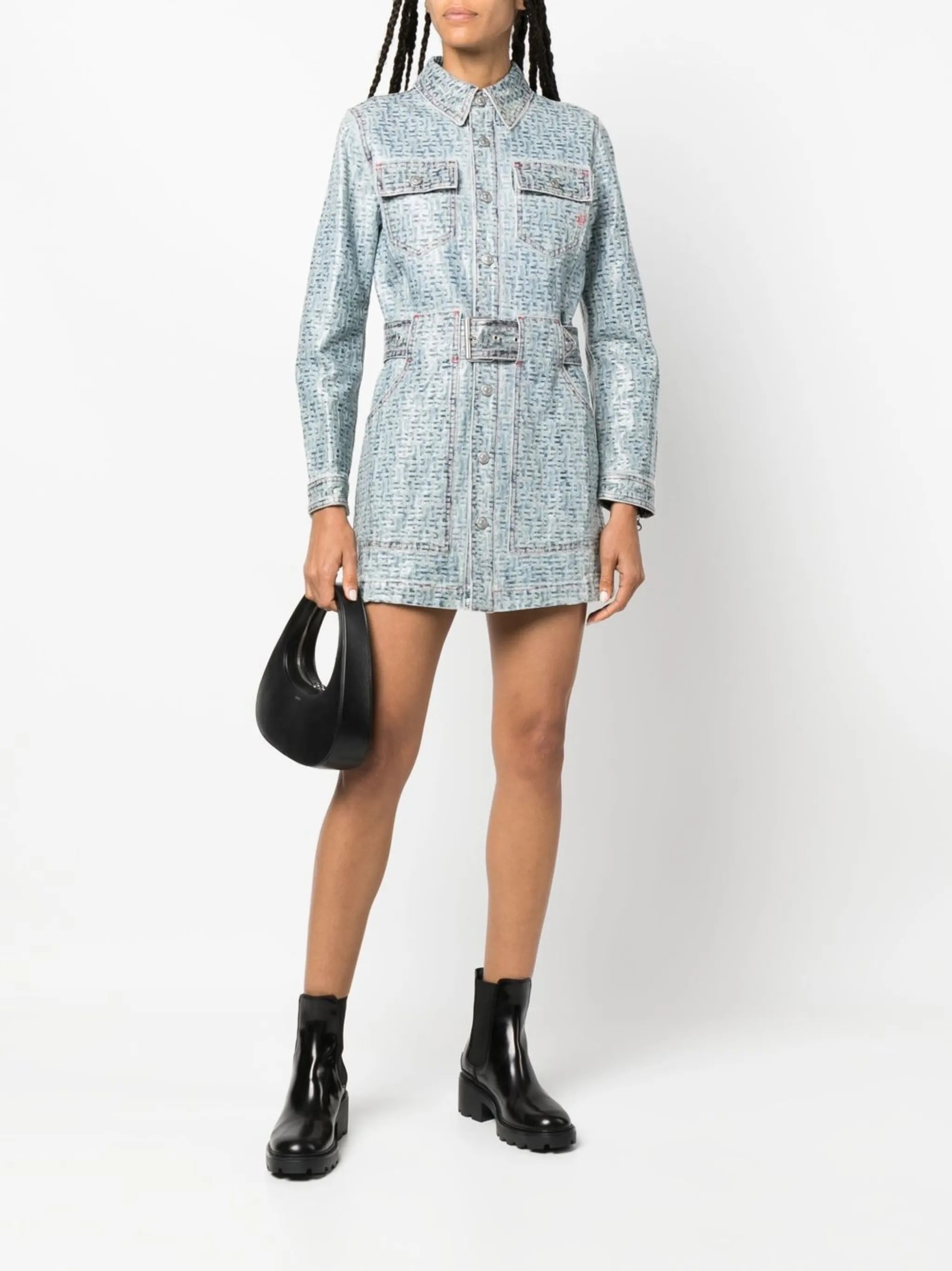 belted denim mini dress