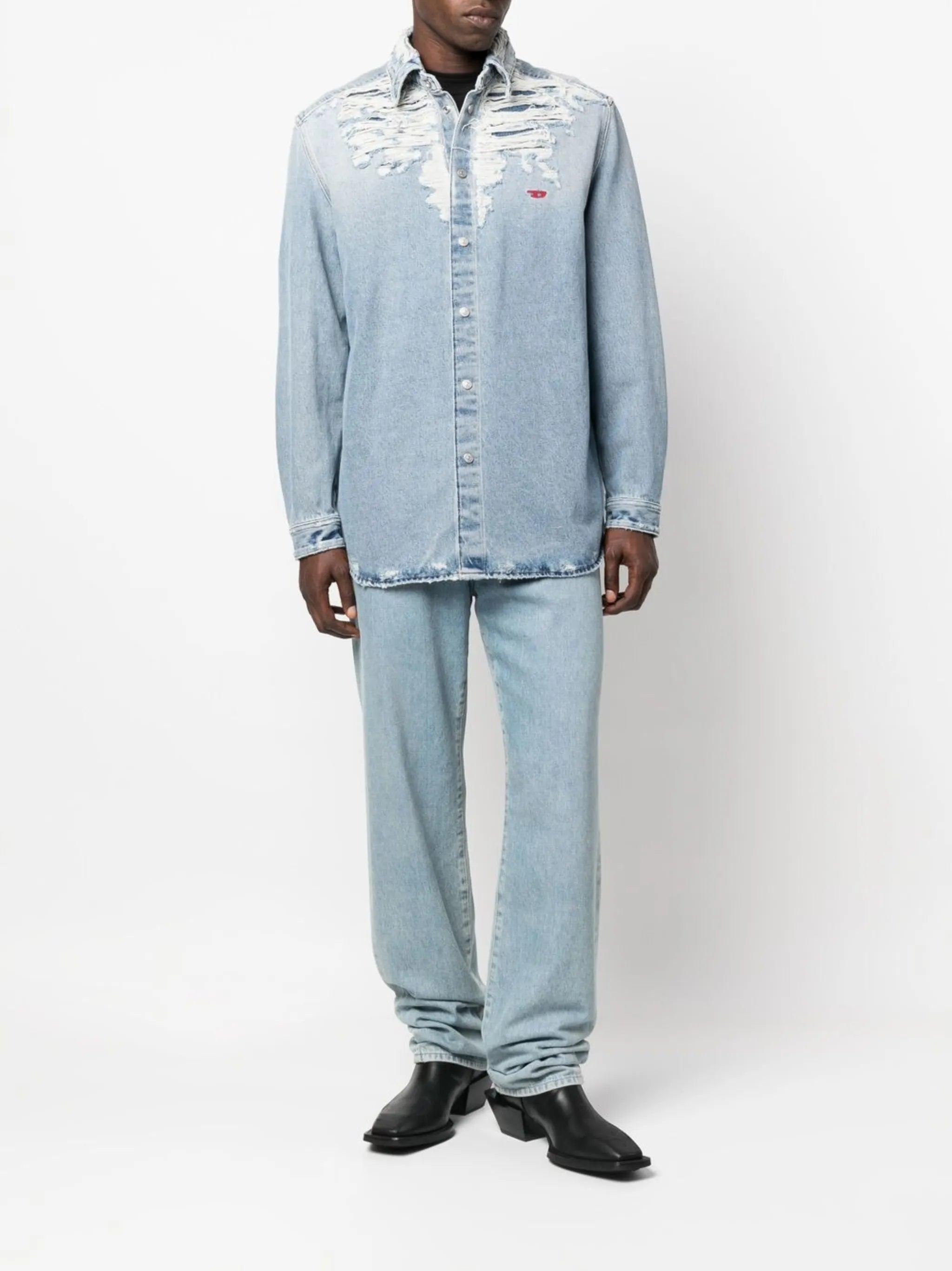 embroidered-logo distressed denim shirt