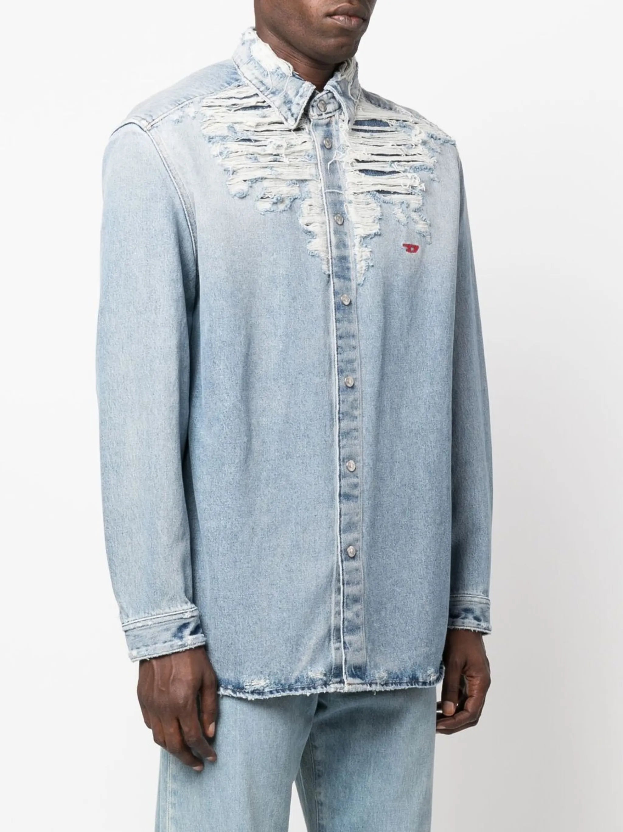 embroidered-logo distressed denim shirt