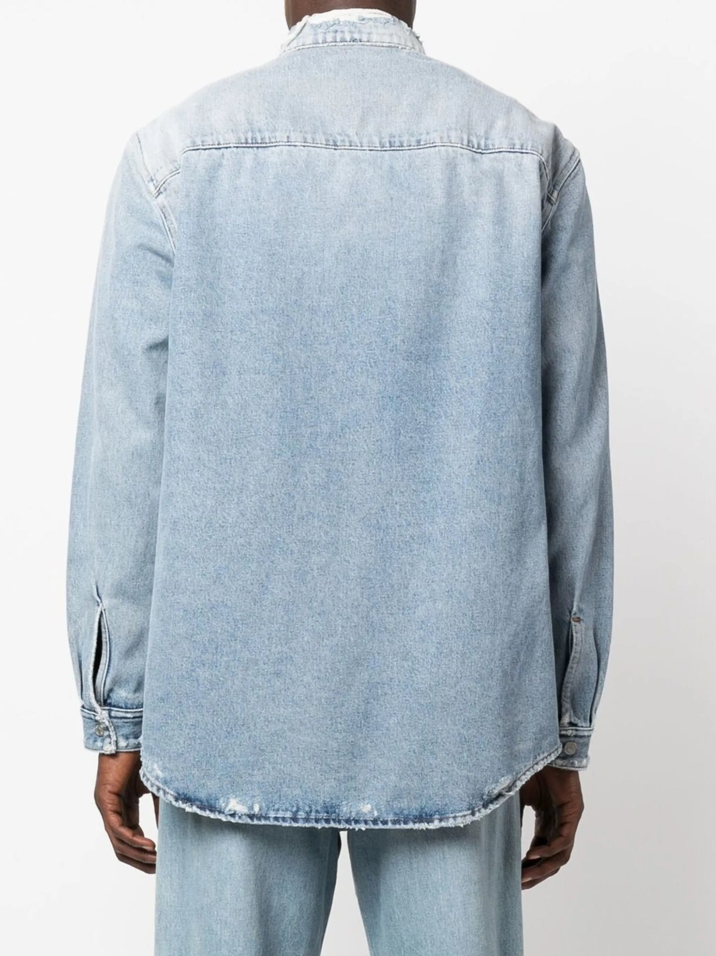 embroidered-logo distressed denim shirt