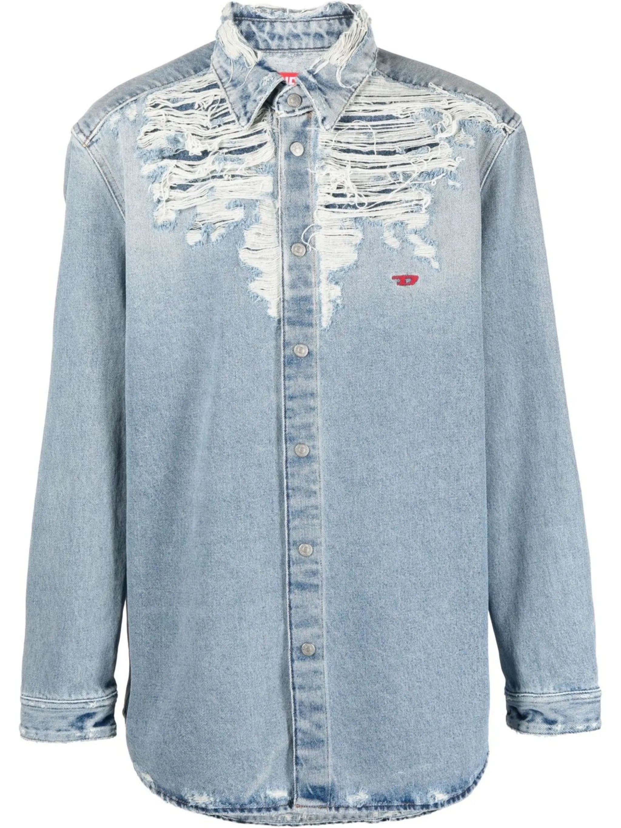 embroidered-logo distressed denim shirt