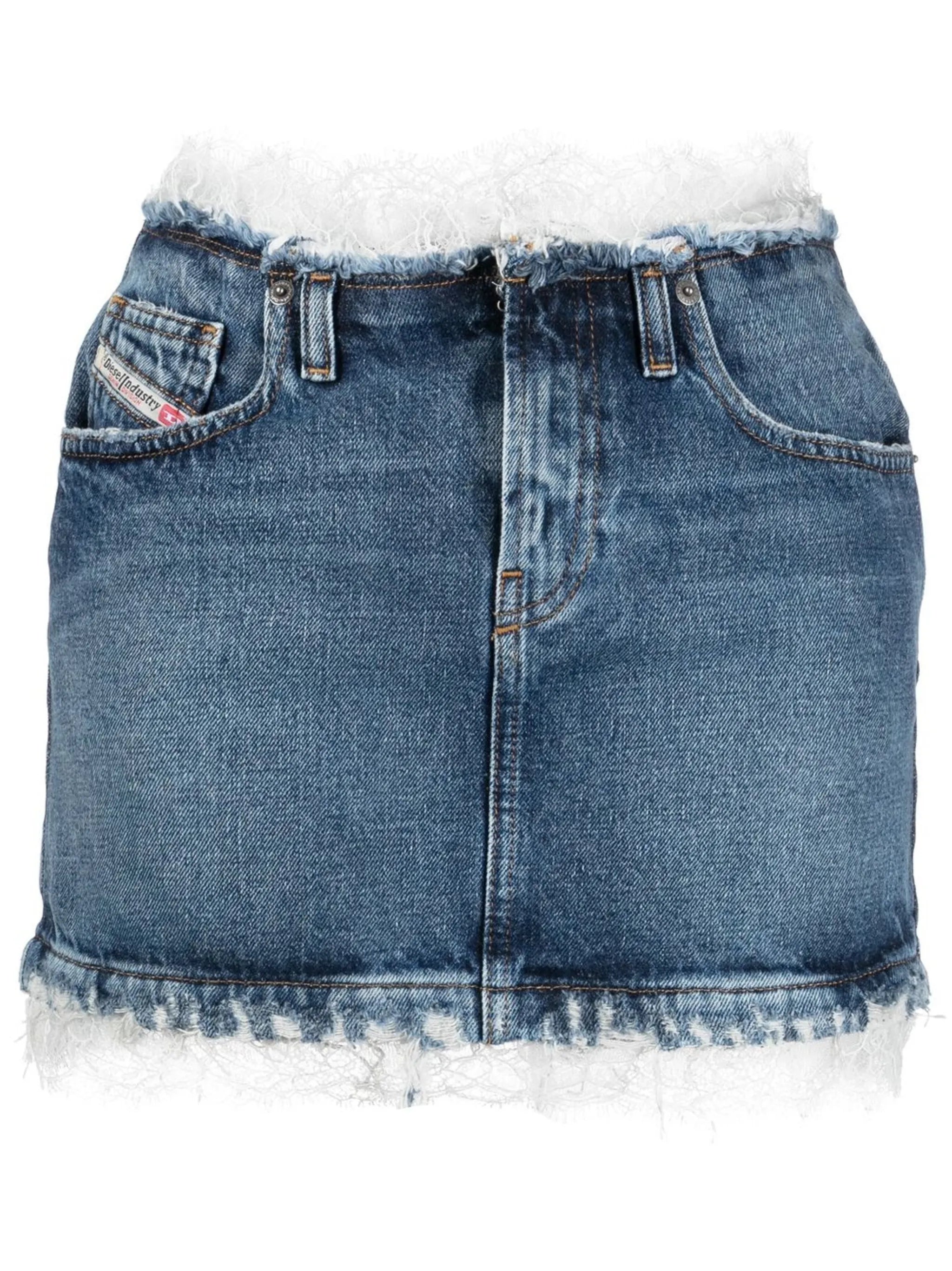 De-Ron-Fsb lace-trim denim miniskirt