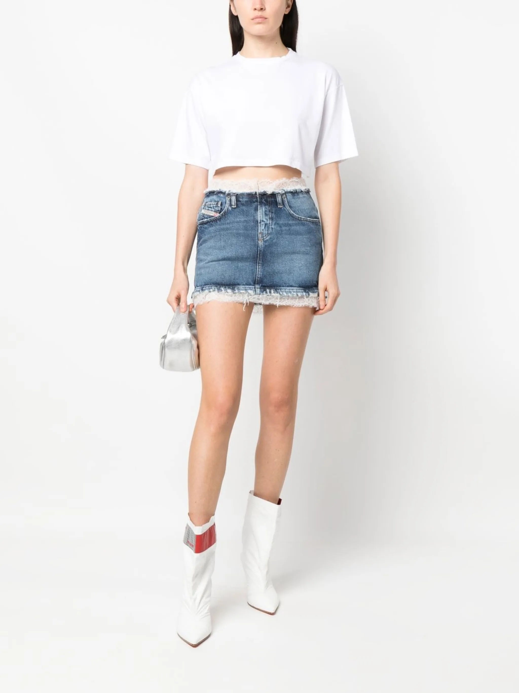 De-Ron-Fsb lace-trim denim miniskirt