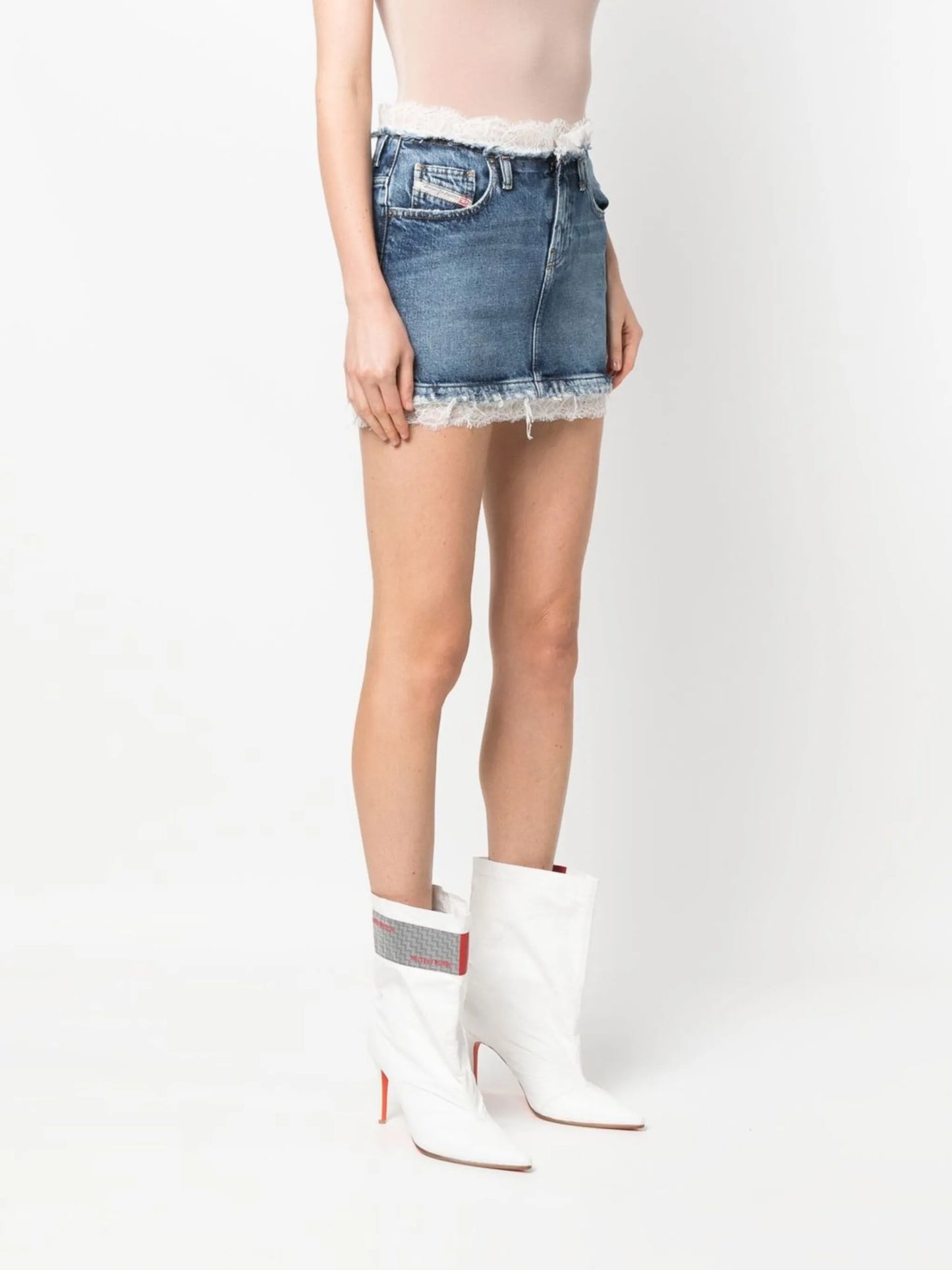 De-Ron-Fsb lace-trim denim miniskirt