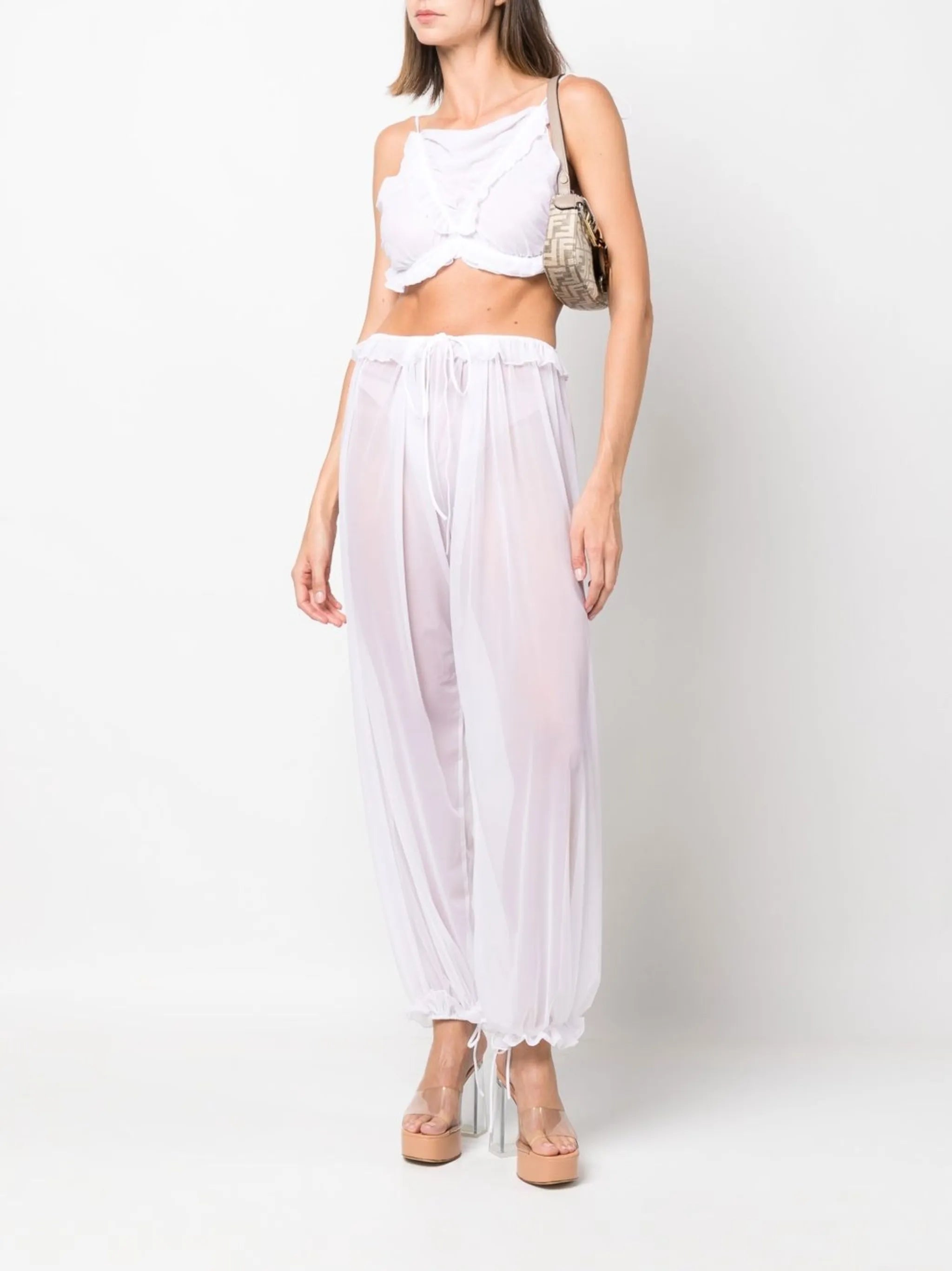 sheer-mesh ruffle-trim trousers
