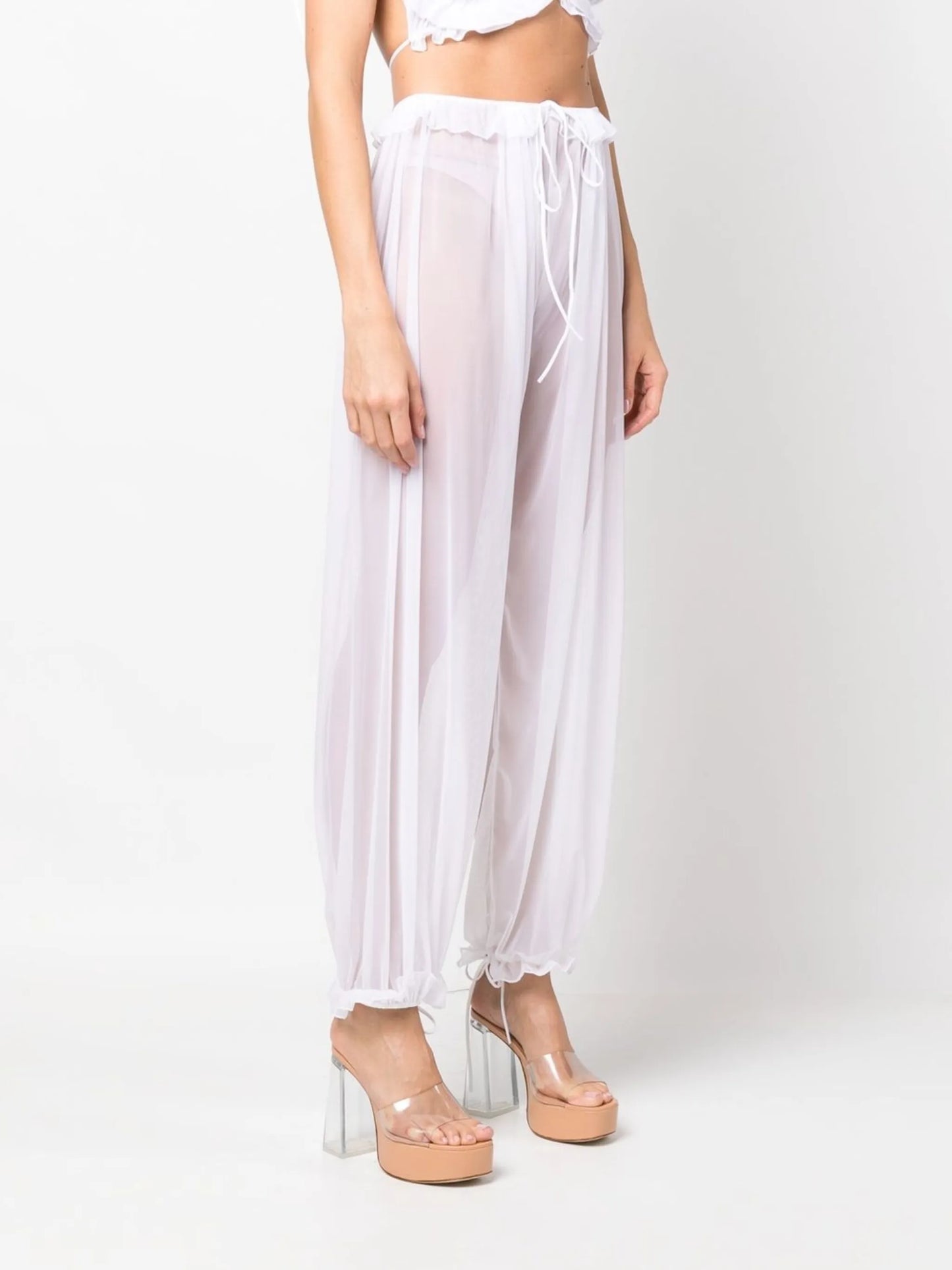 sheer-mesh ruffle-trim trousers