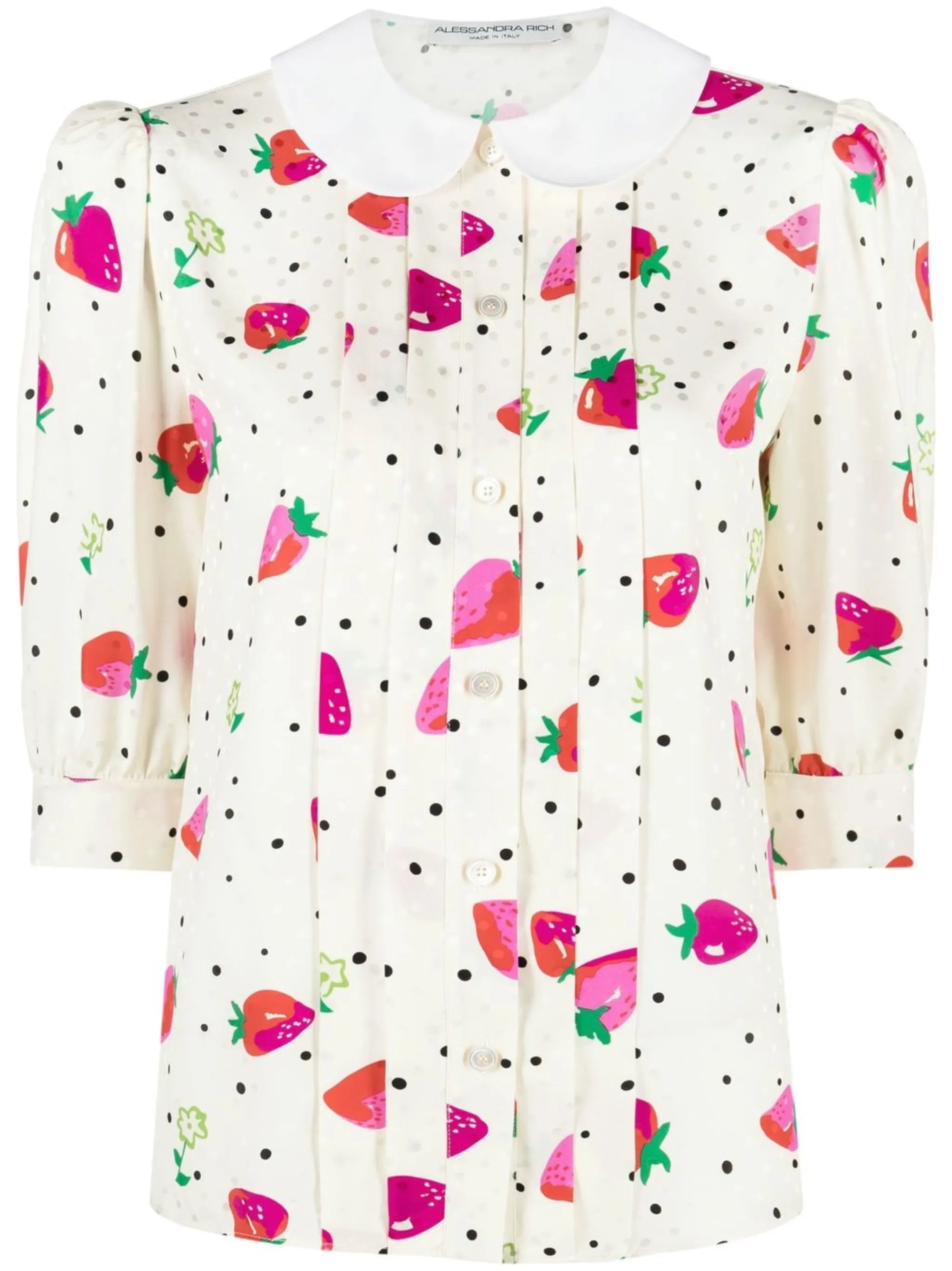 strawberry-print silk blouse