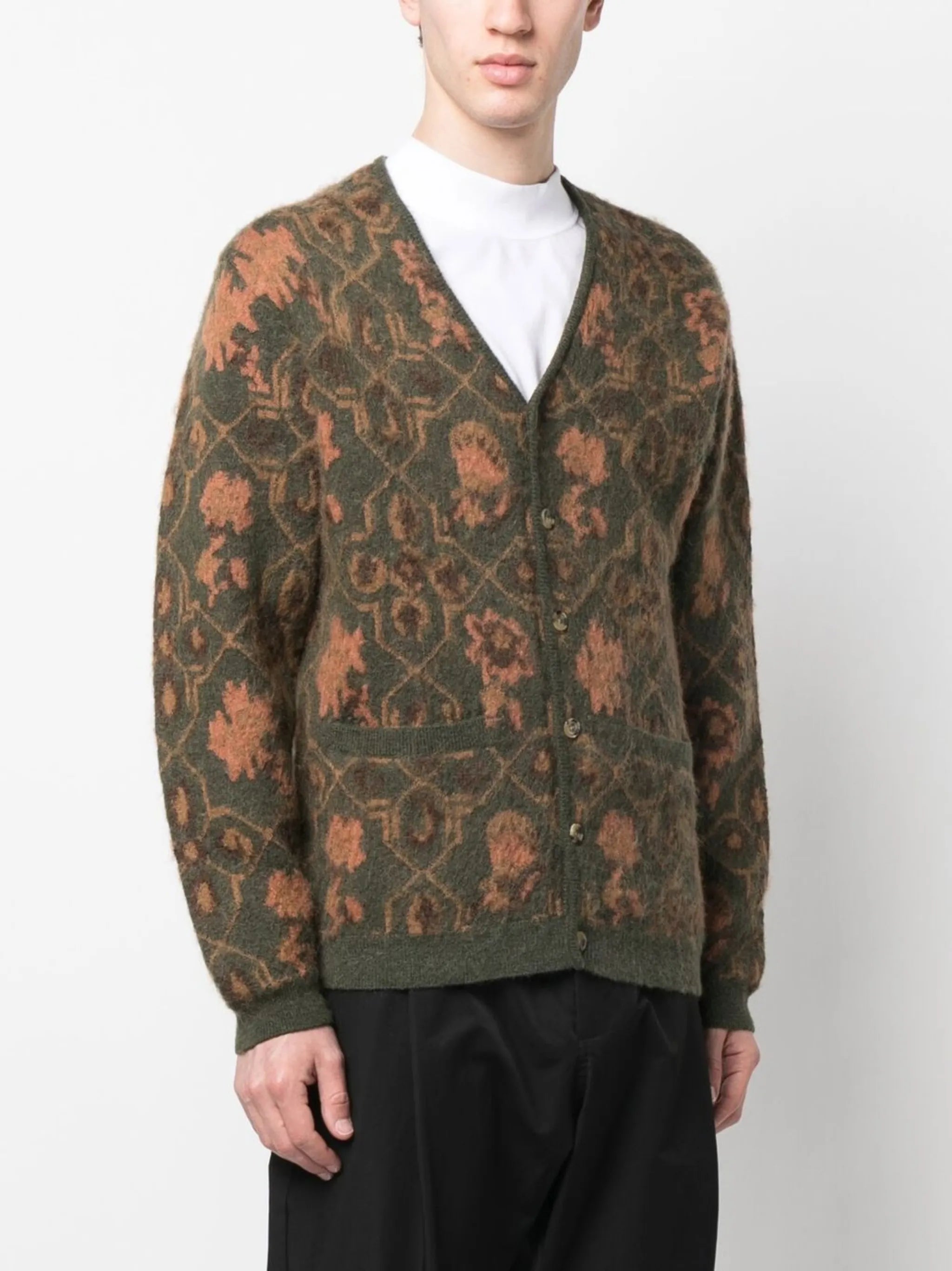 botanical-jacquard V-neck cardigan