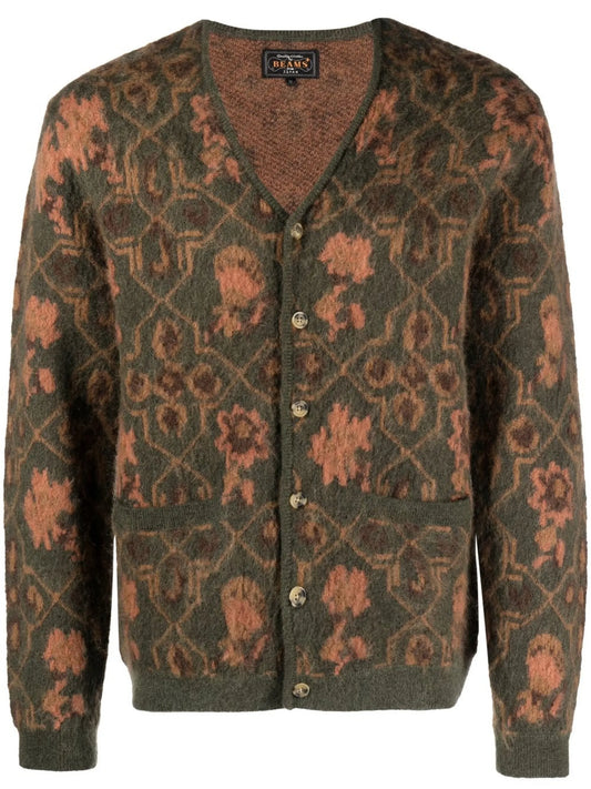 botanical-jacquard V-neck cardigan