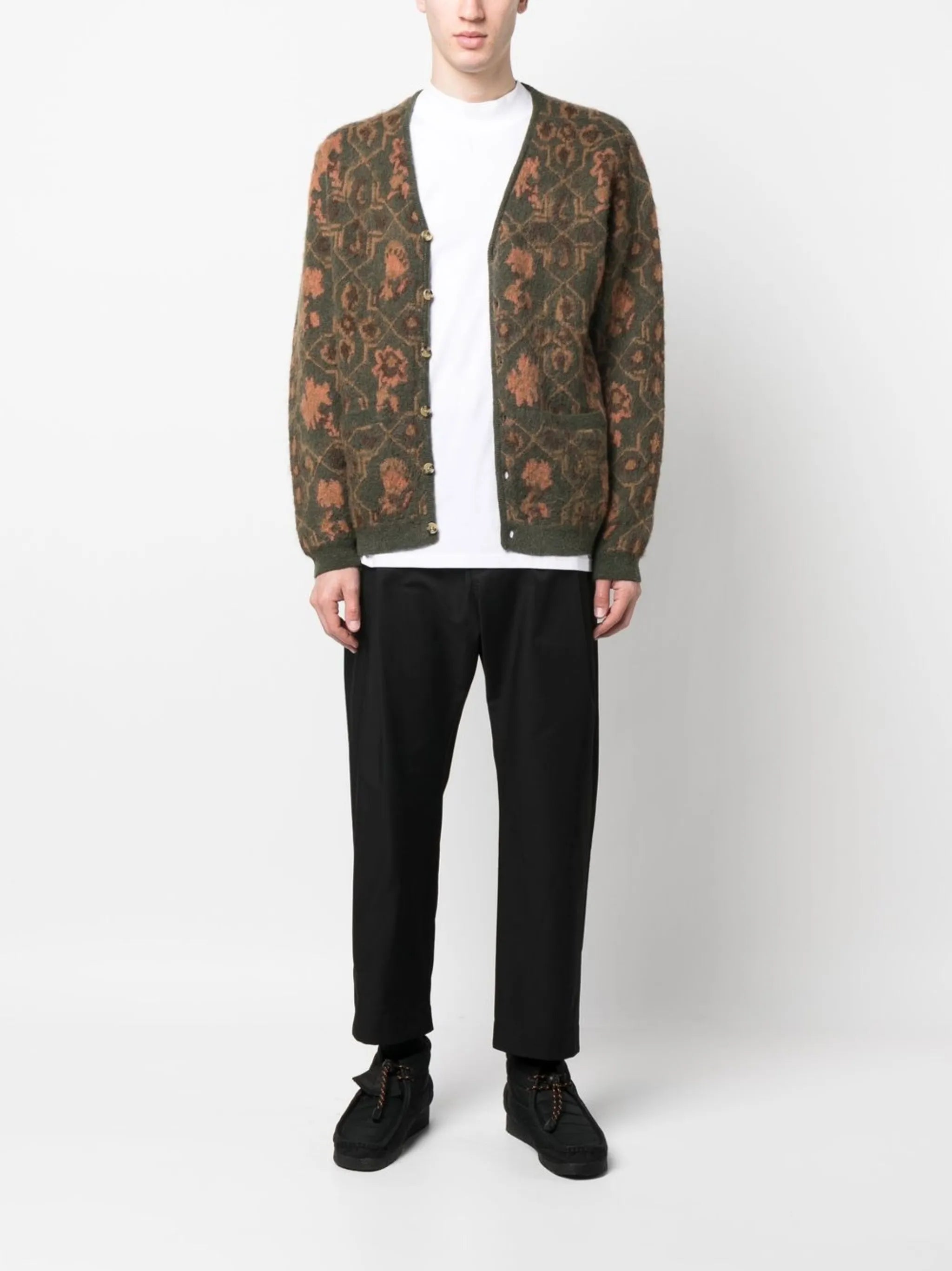 botanical-jacquard V-neck cardigan