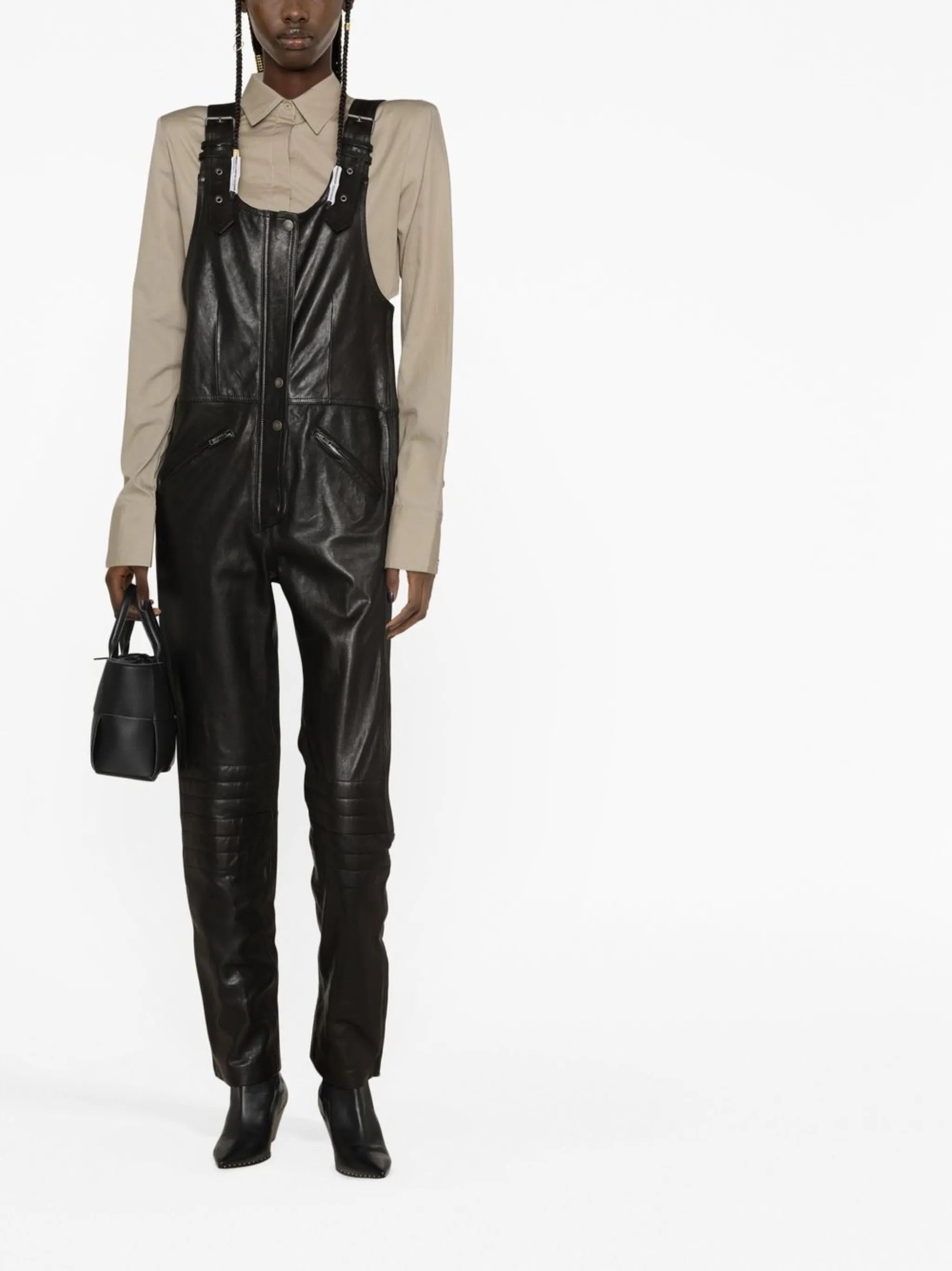 sleeveless leather jumpsuit