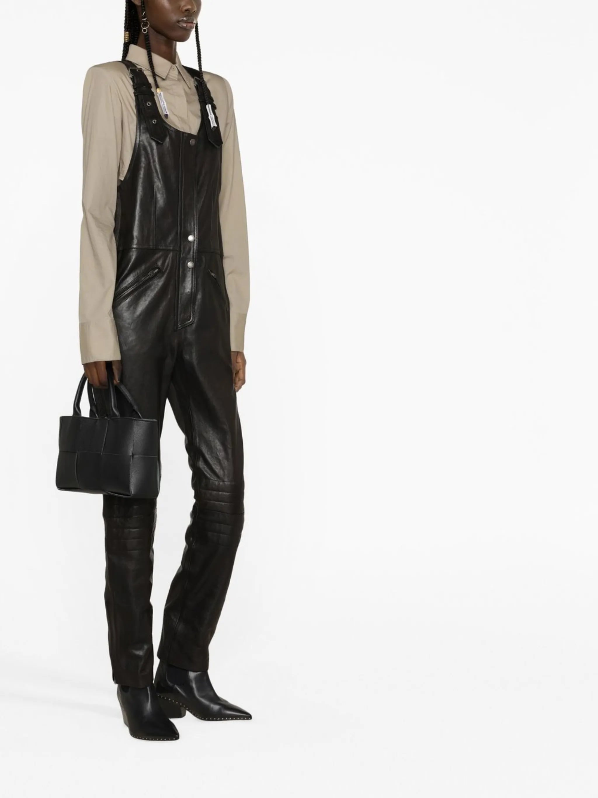 sleeveless leather jumpsuit