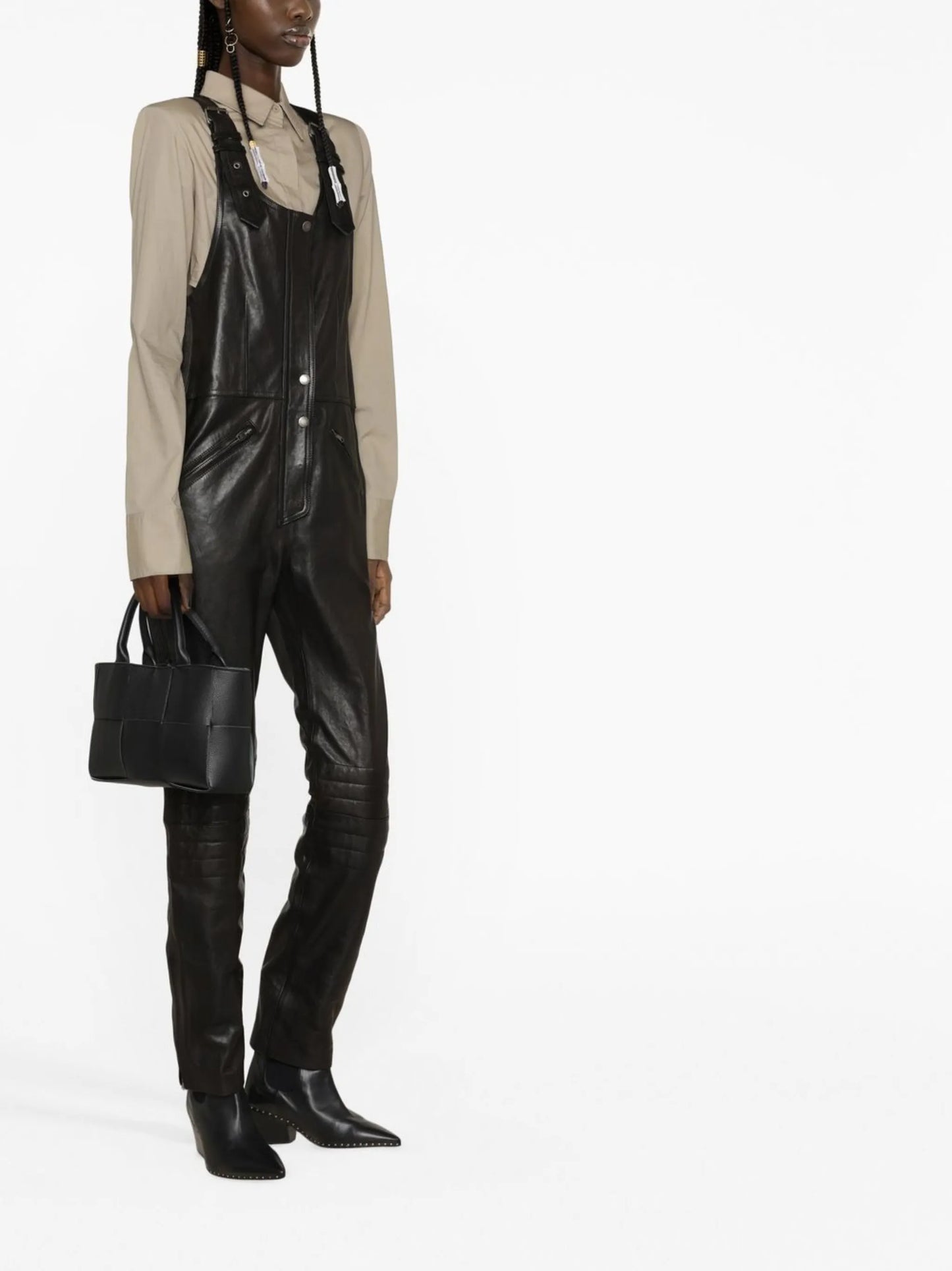sleeveless leather jumpsuit