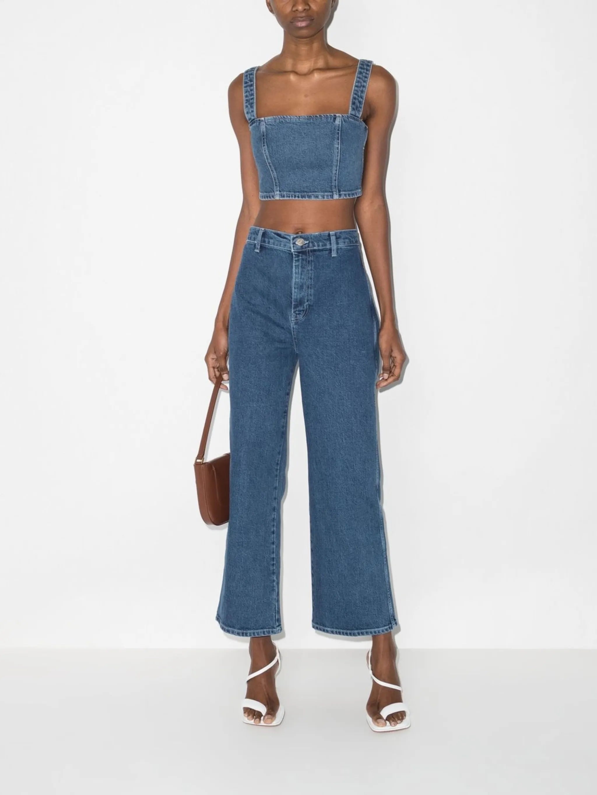 denim crop top trouser set