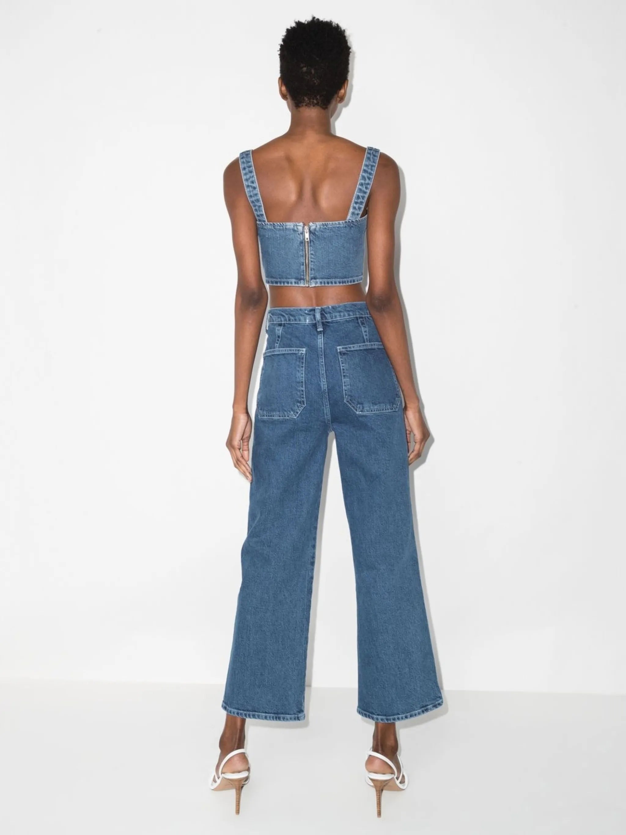 denim crop top trouser set