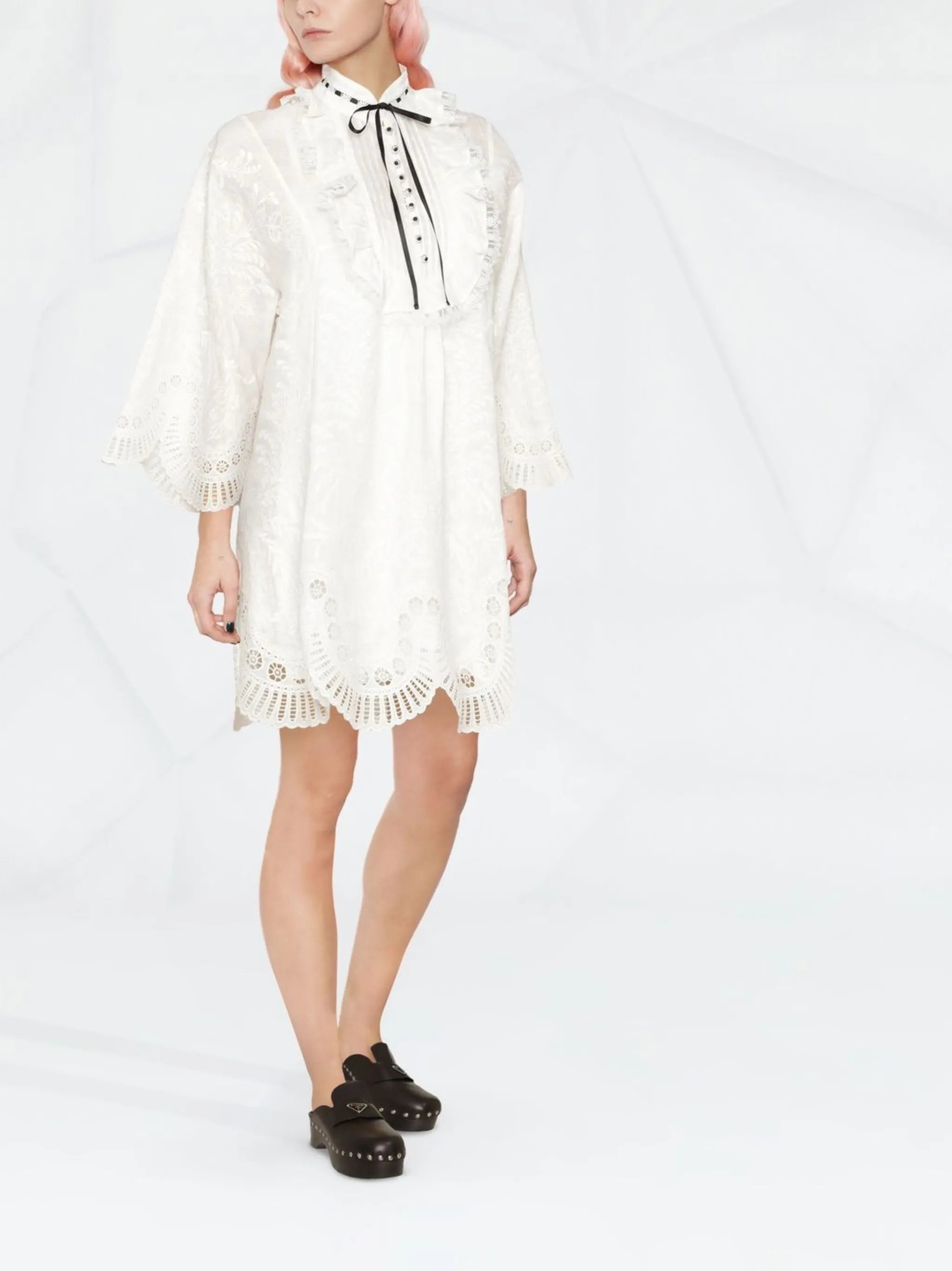 floral-lace long-sleeve shirtdress