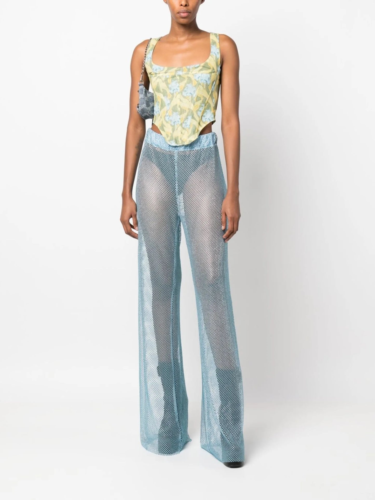 crystal-embellished mesh wide leg trousers