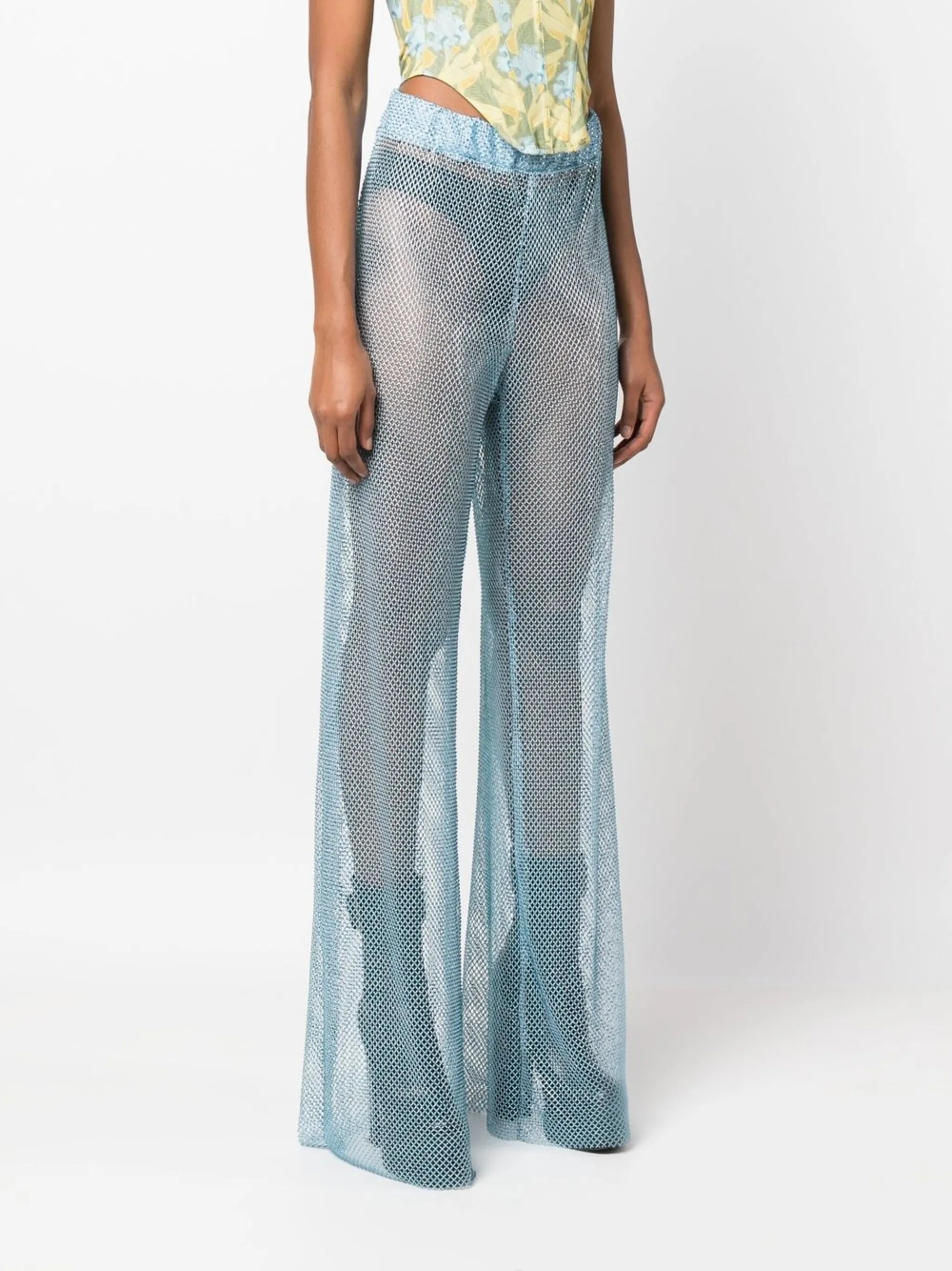 crystal-embellished mesh wide leg trousers