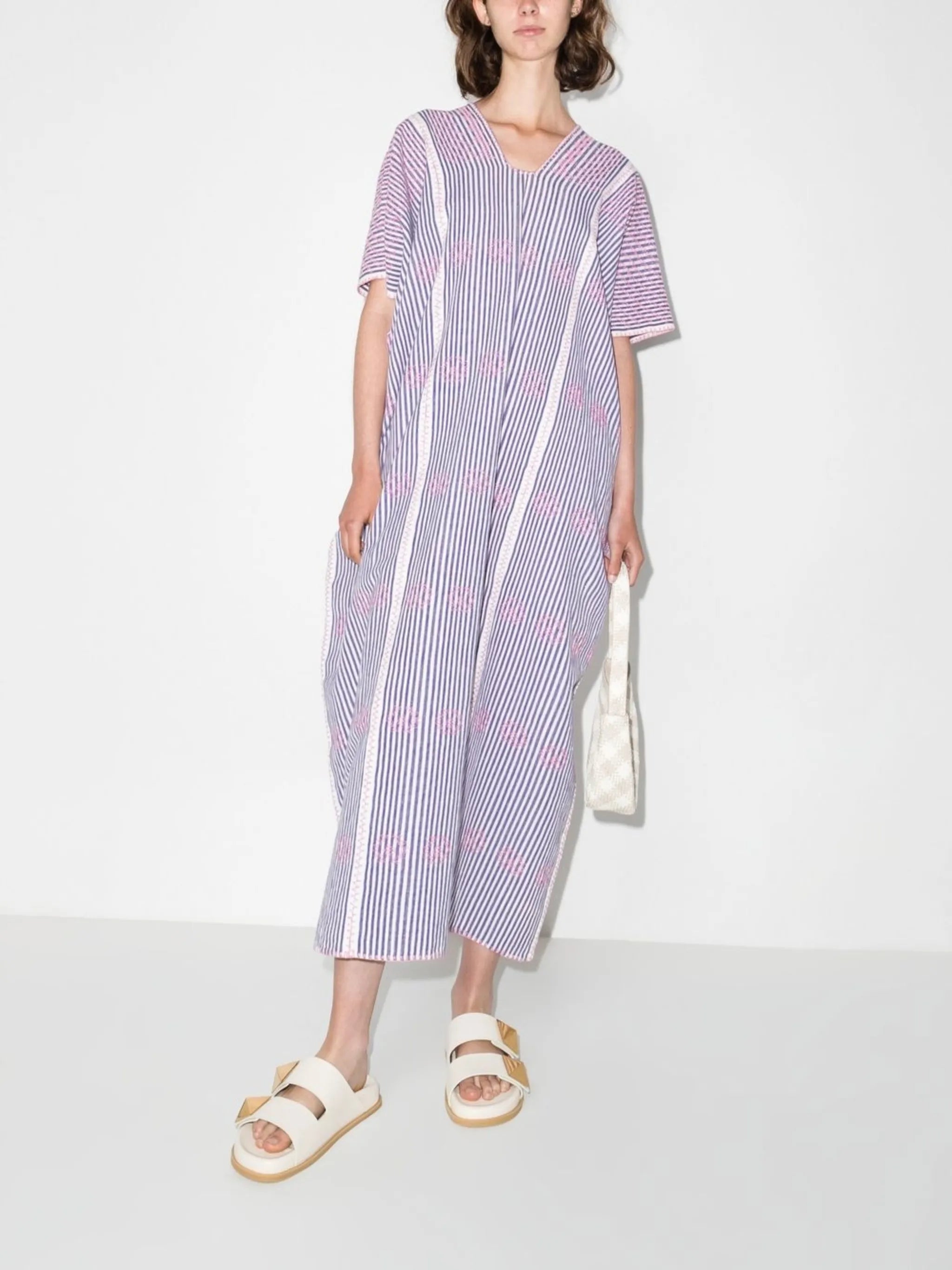 embroidered pinstripe midi dress