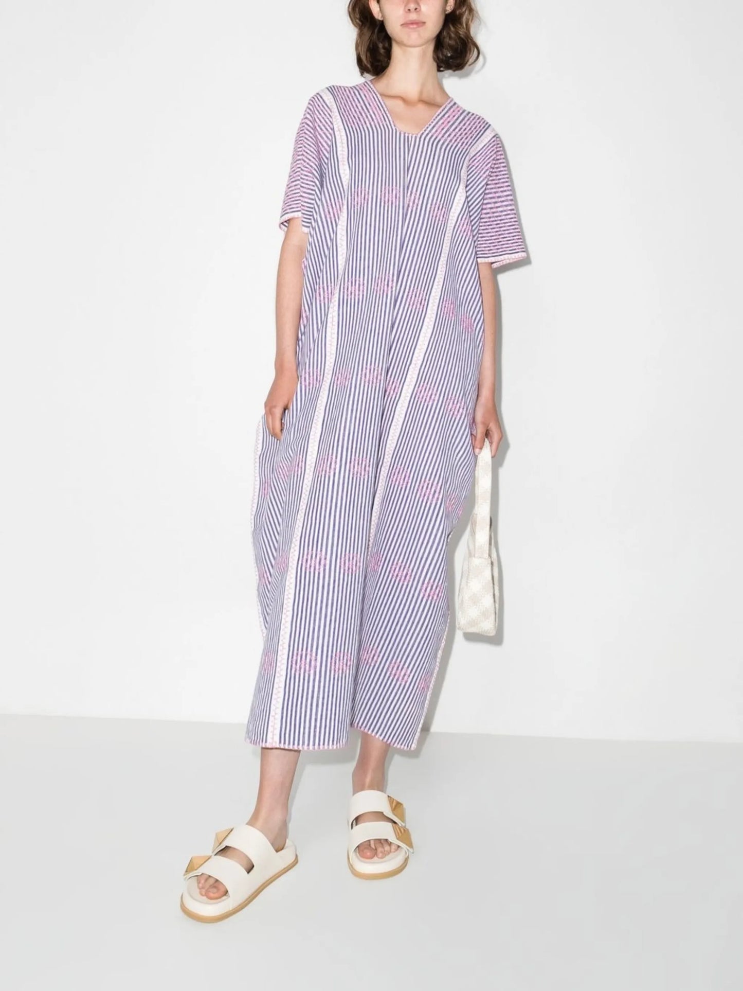 embroidered pinstripe midi dress
