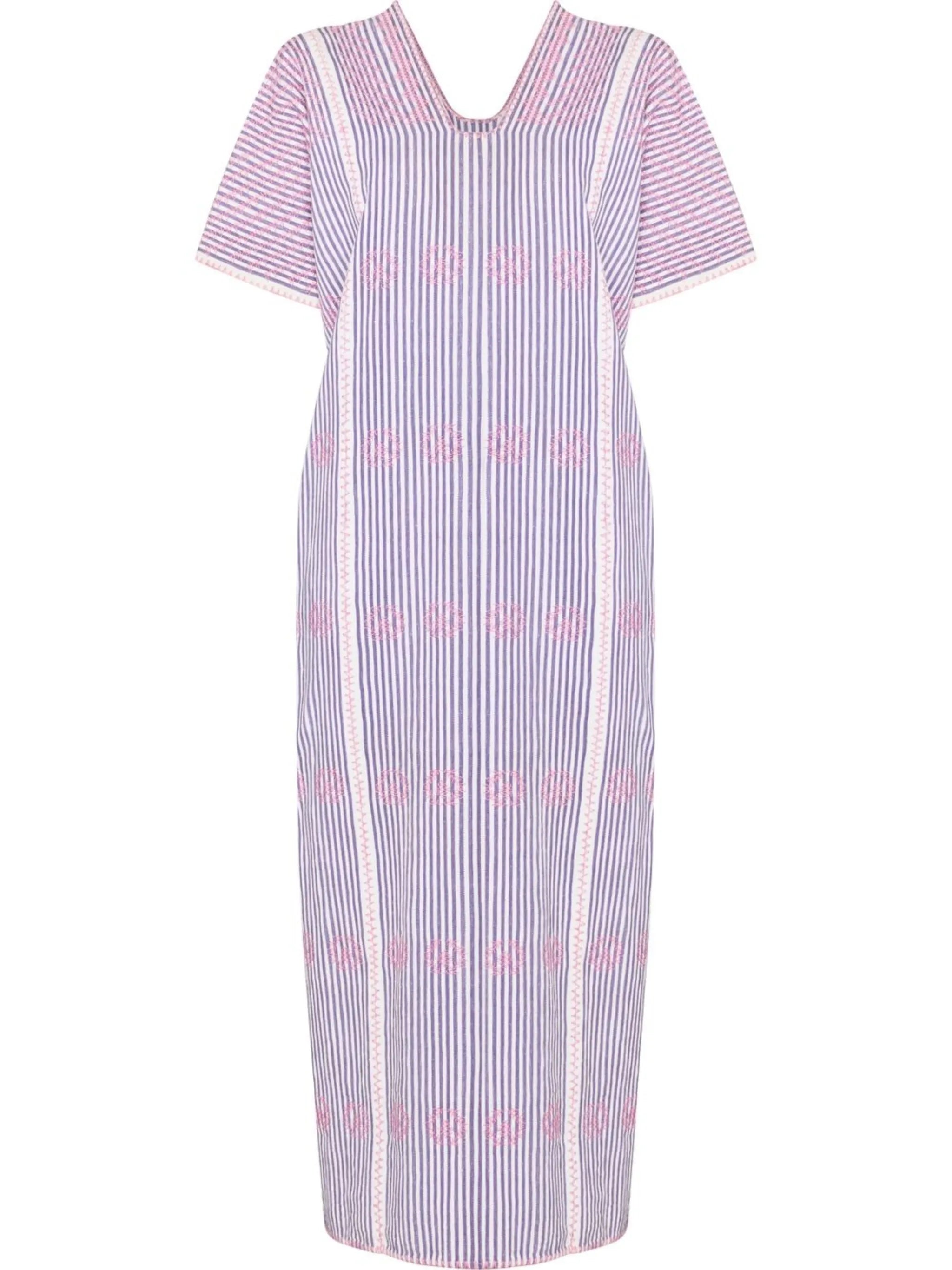 embroidered pinstripe midi dress