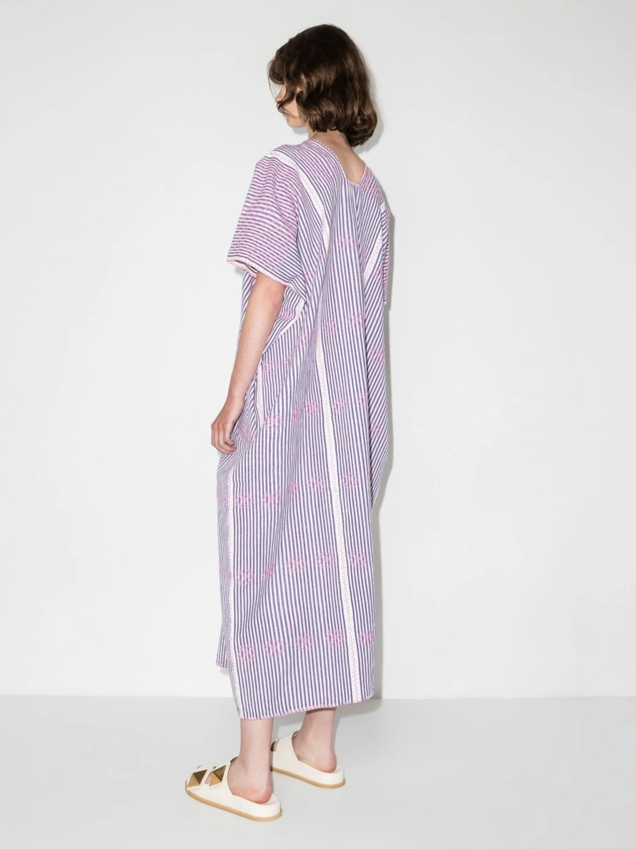 embroidered pinstripe midi dress
