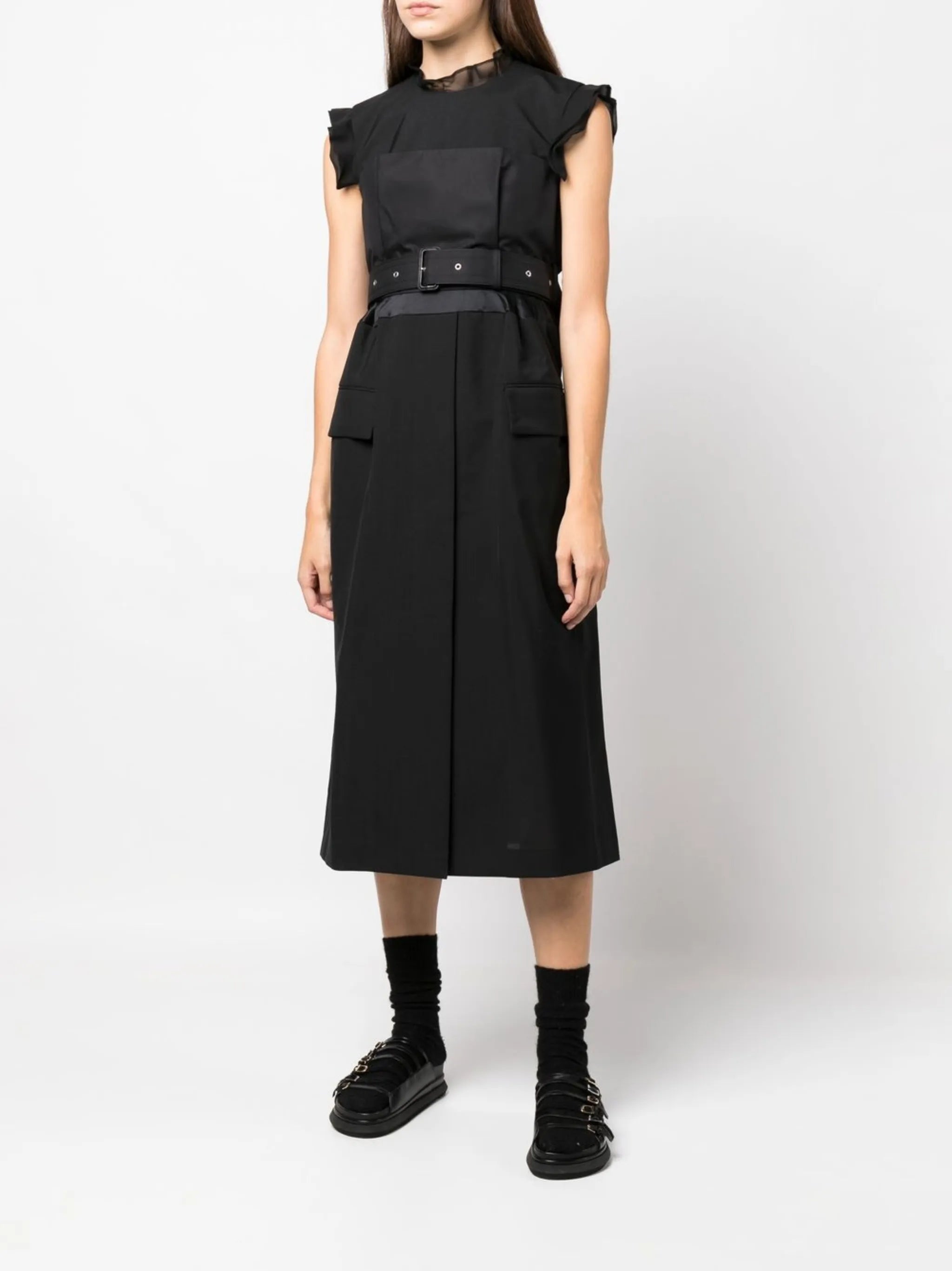 ruffle-trim belted midi dress